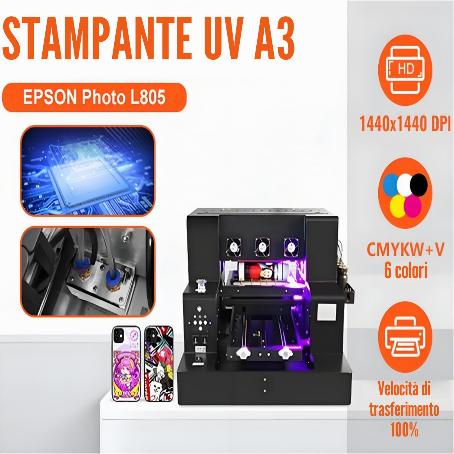 Stampante UV Flatbed Multifunzione A3 Automatica Modello L805 Risoluzione 1440x1440dpi Area Stampa 32x50cm con Albero Rotante per Stampa Cover Telefono Bottiglie e Oggetti Vari