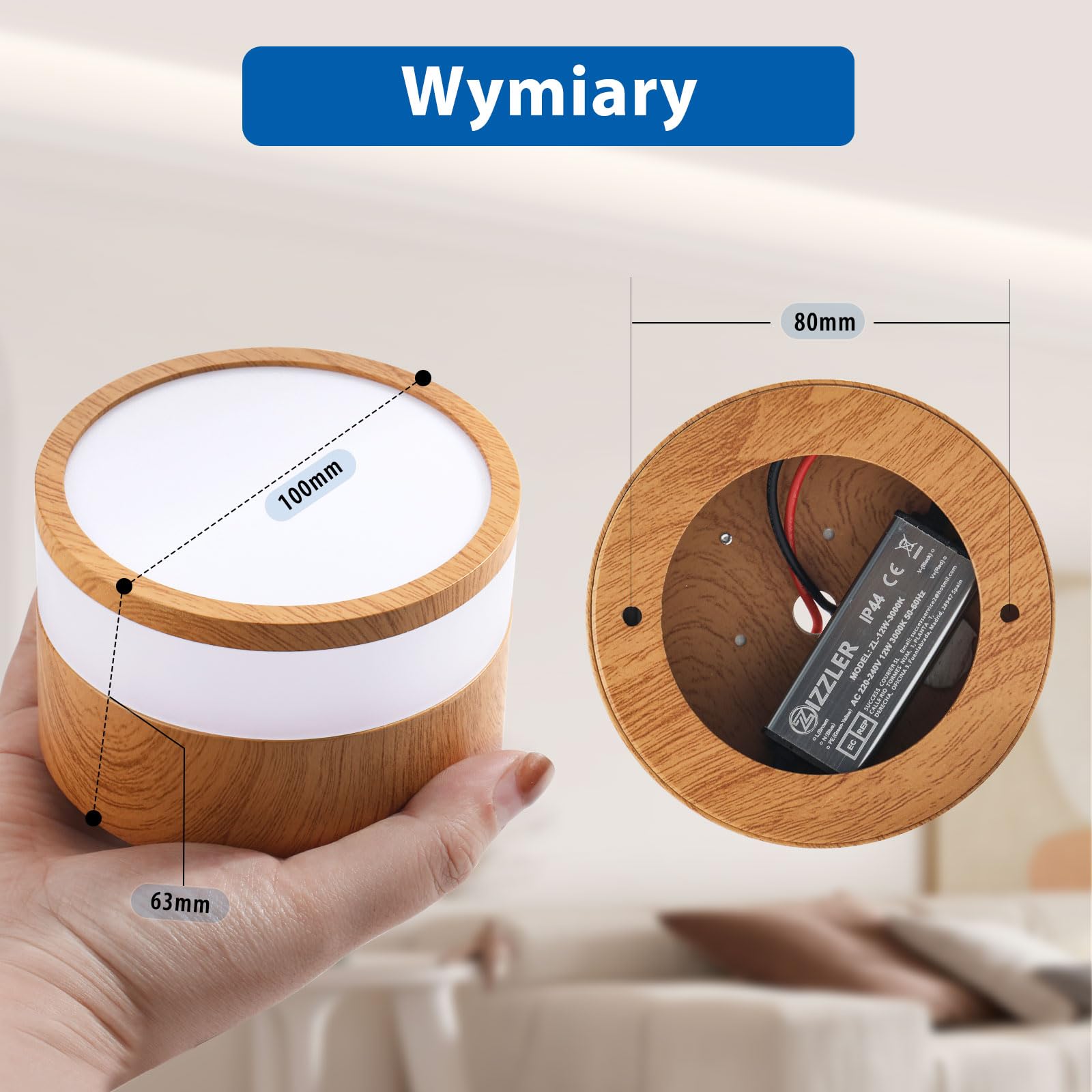 4 szt Reflektor Natynkowy w Stylu Drewna IP44 Wodoodporna, Do Łazienki, Kuchni, Salonu i Holu, LED Ciepła Biel 3000K, 12W 1100LM, Oświetlenie 230V dla Pomieszczeń Wilgotnych