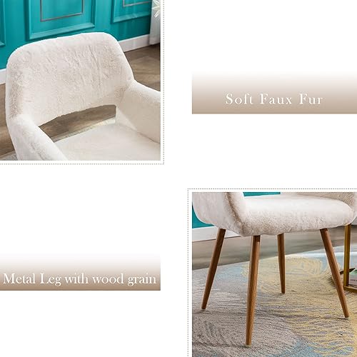 Miniatura 4 de Juego de 2 sillas de escritorio peludas, silla de piel sintética moderna de mediados de siglo para adolescentes y niñas, cómodo sillón con patas de