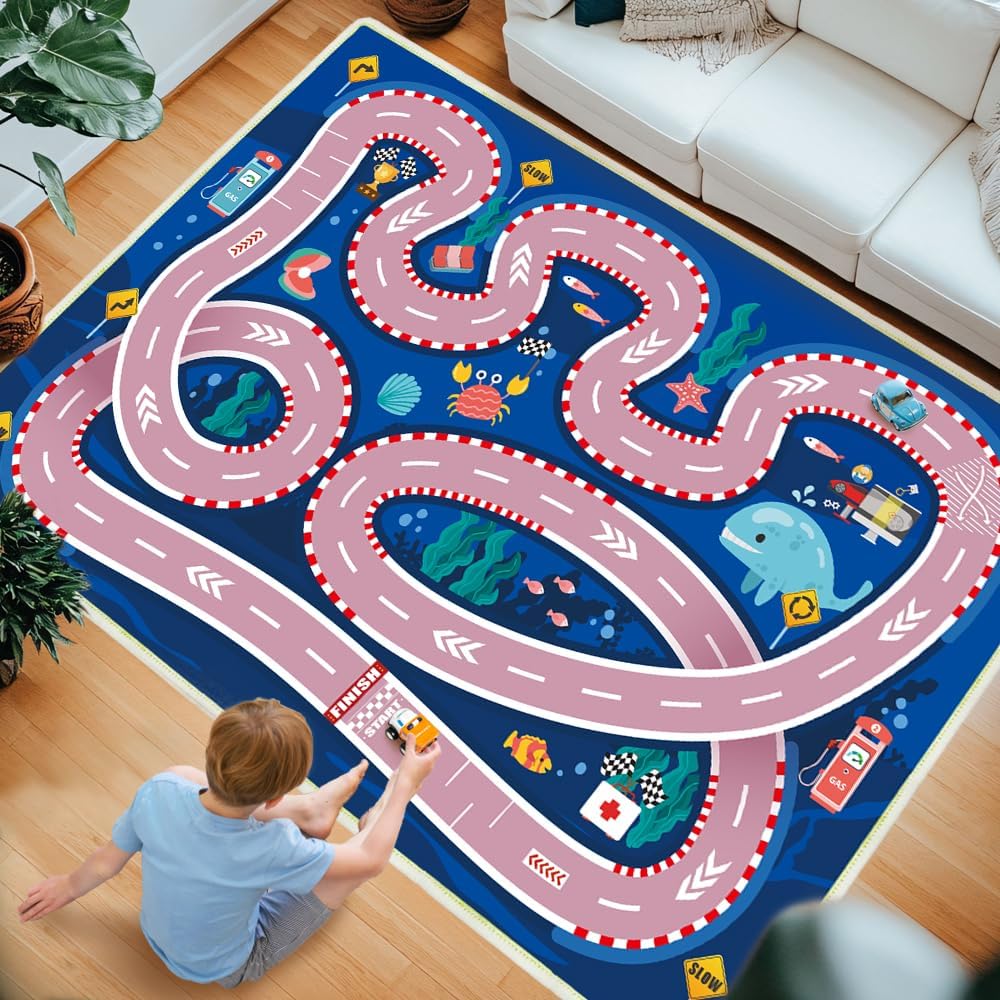 Kids Carpet Car Rug Play Mat, Car Rugs for Kids Toy Cars, Road Rug for Kids City Map for Bedroom Classroom (Yellow Car Rug, 2'7"x3'11" / 31"x47")