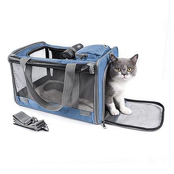 Petsoul Cat Travel Carrier, Airline Approved Collapsible Pet Carriers for Small Medium Cats Small Dogs, Soft-Sided Puppy Carriers (Blue)