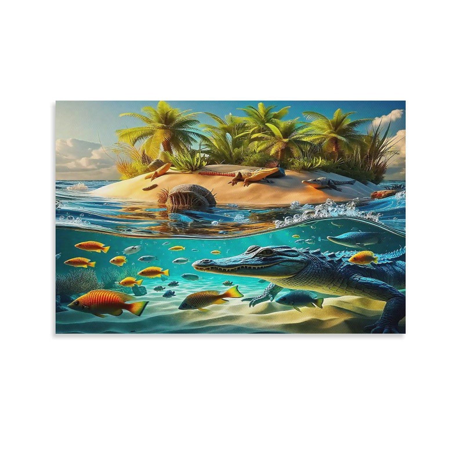 CPLVKWRQJ Cute Crocodile Couple Single Piece Tropical Island Underwater Crocodile Fish Canvas Wall Decor - Kitchen Removable Wall Art Multi-Purpose Ready to Hang 16x24inch(40x60cm)