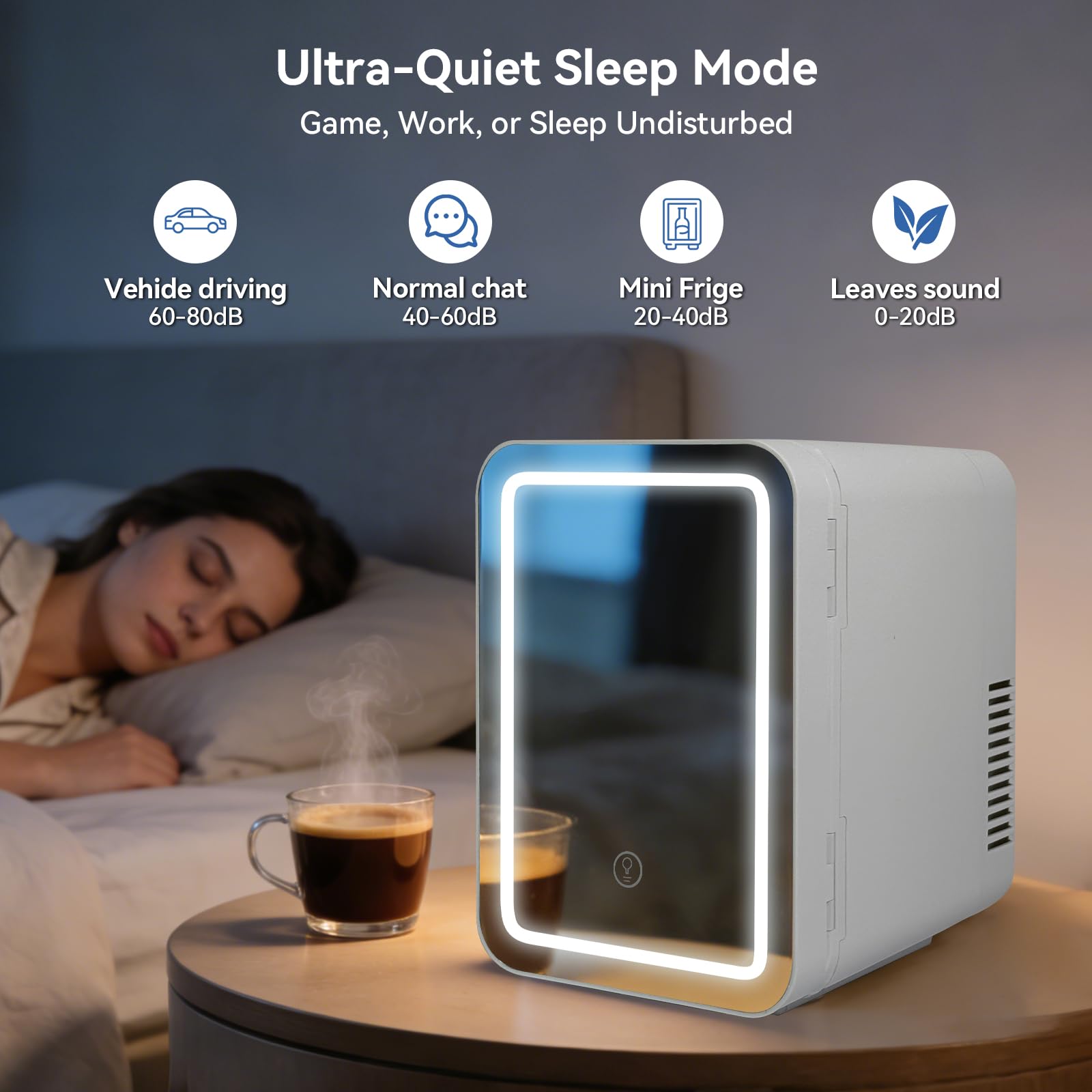 Kwanner 4L Portable Skincare Fridge with Dimmable LED Light Mirror - Cooler & Warmer Mini Fridge for Bedroom Office, Compact Cosmetic Fridge for Makeup, Food, Drinks (White) — view 5