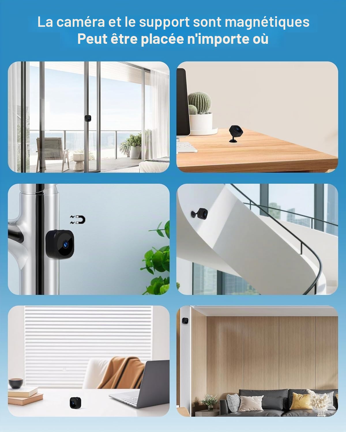Generico Caméra de sécurité WiFi 1080P HD, caméra intérieure avec vision nocturne 10 m, détection de mouvement, batterie rechargeable, contrôle par application
