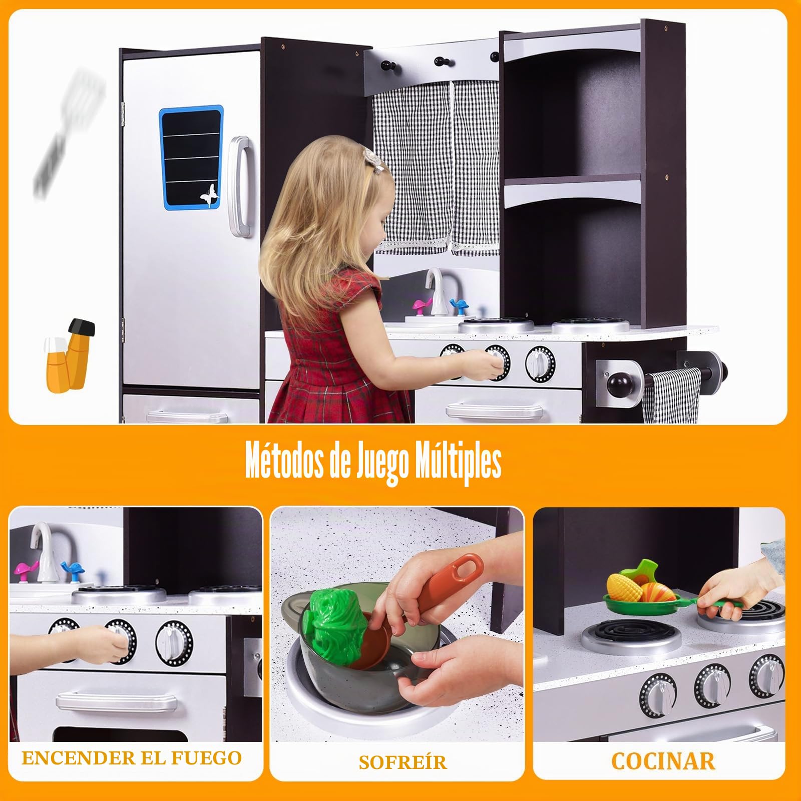 RELAX4LIFE Cocina Juguete de Madera para Niños, Cocinita Infantil con Horno, Microondas, Estufa, Nevera, Accesorios Realistas, 2 Estantes, Cocina Infantil para Niños 3+ Años