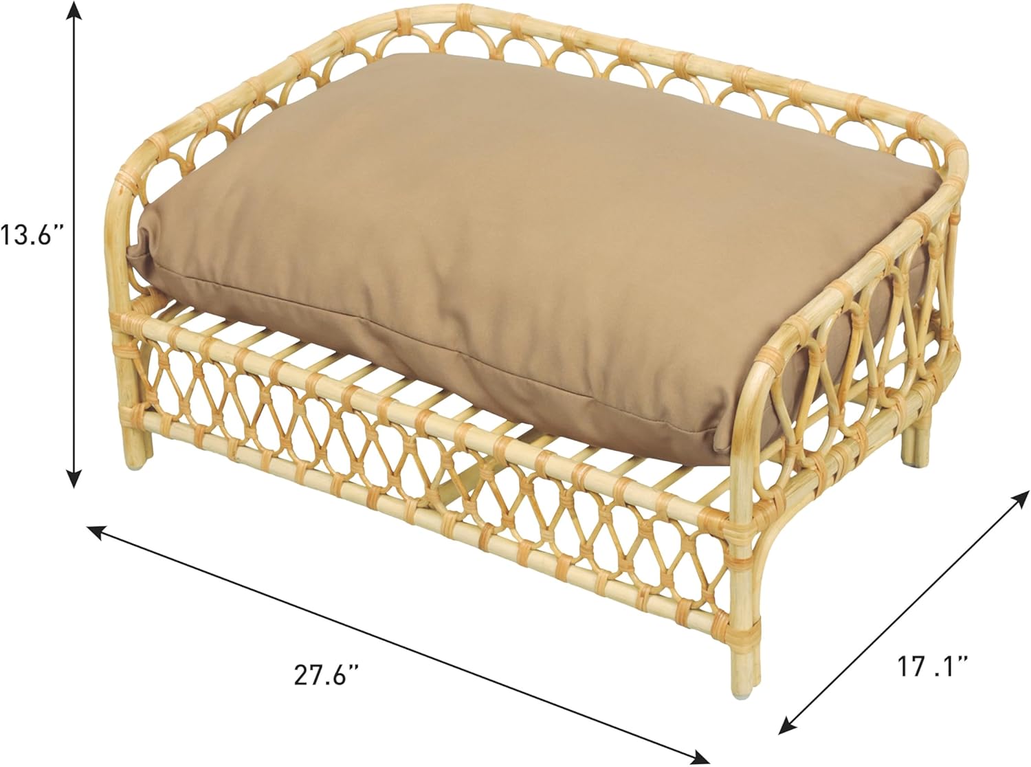 DBD1005B Elevated Pet Daybed 27.5" x 17", Handwoven Rattan Dog & Cat Bed with Machine Washable Cushion, Wicker Rattan Sofa for Small to Medium Pets, Bohemian Style, Light Brown