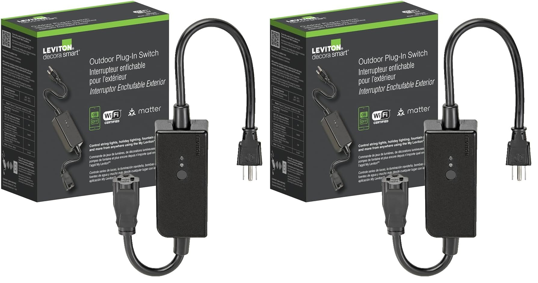 Leviton Decora Smart Wi-Fi Outdoor Plug, Works with Matter, My Leviton, Alexa, Google Assistant, Apple Home/Siri&amp;Wire-Free Anywhere Switch Companion,Weather-Resistant,D215O-1RE, Black (Pack of 2)