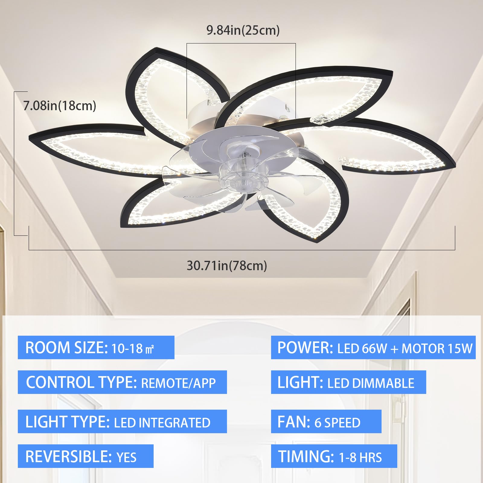 Deckenventilator mit Licht und Fernbedienung, Moderner Dimmbar LED Deckenventilator, Leiser Reversibler Motor mit Einstellbarer Windgeschwindigkeit für Wohnzimmer, Schlafzimmer, 78 cm Schwarz