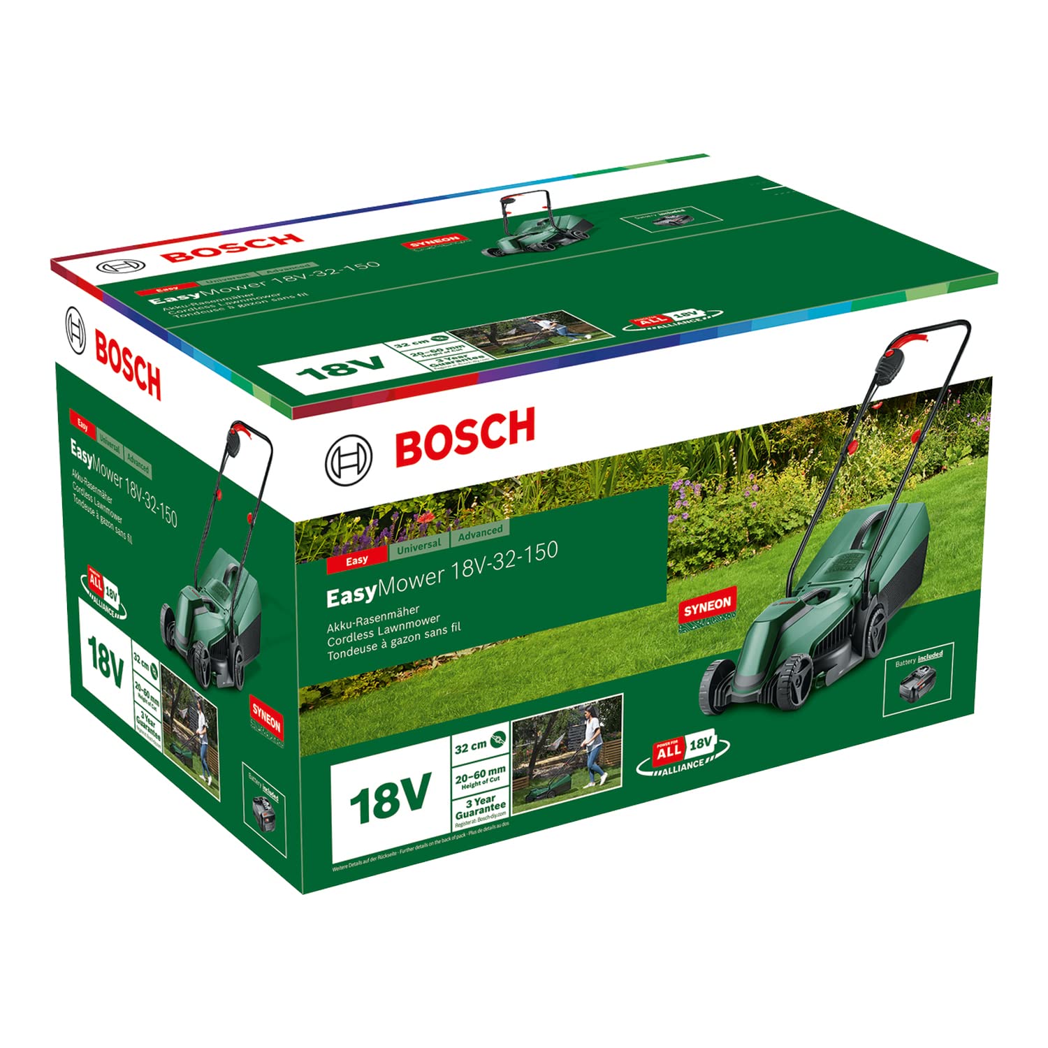 Bosch kosiarka akumulatorowa EasyMower 18V-32-150 (do 100 m2 skoszonej trawy przy zastosowaniu akumulatora 3,0 Ah, system 18V, szerokość cięcia: 32 cm, ładowarka i akumulator 3,0 Ah)