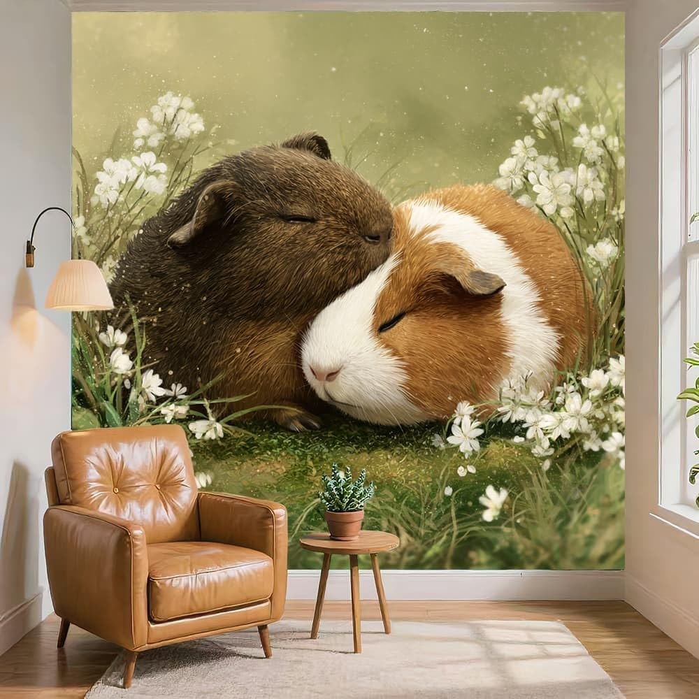 Fototapeta 3D włóknina 400 x 280 cm dżungla zwierzęta świnka morska kwiaty tapeta zielony plakat do domu biura sypialni gabinetu salonu