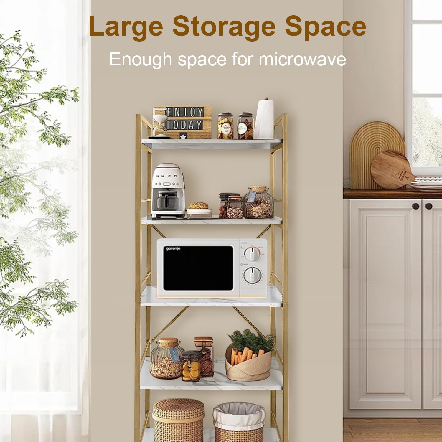 FORABAMB 10-Tier Bakers Rack With Power Outlet & LED Lights - Bamboo Kitchen Coffee Bar Storage Shelf