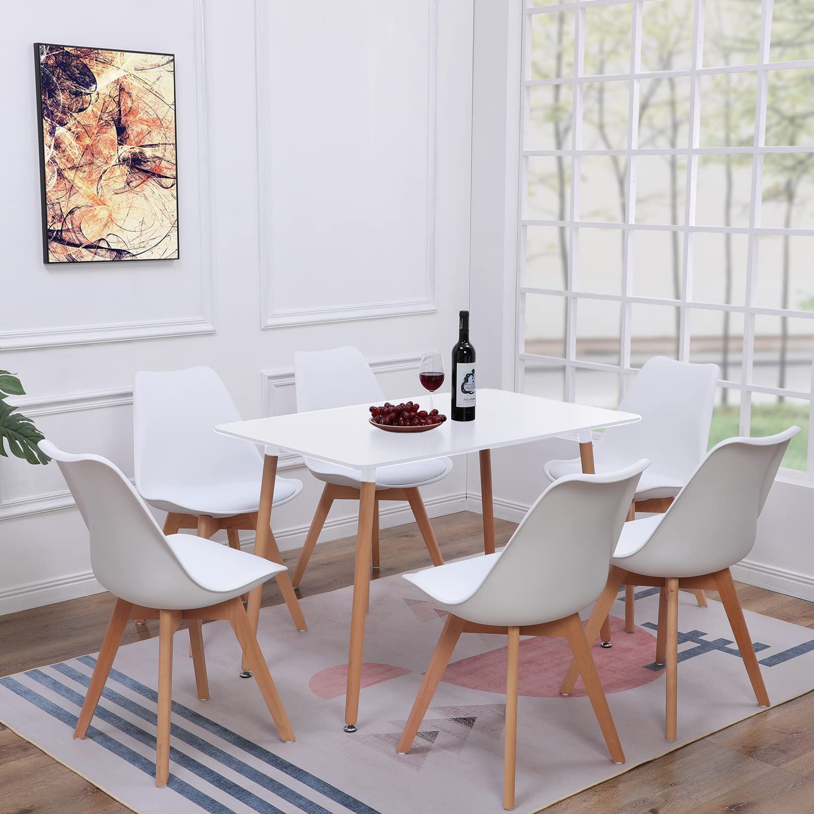 DORAFAIR Set of 6 Mordern Design Scandinavian Dining Chairs with Padded and Solid Wood Beech Legs,Retro Design White