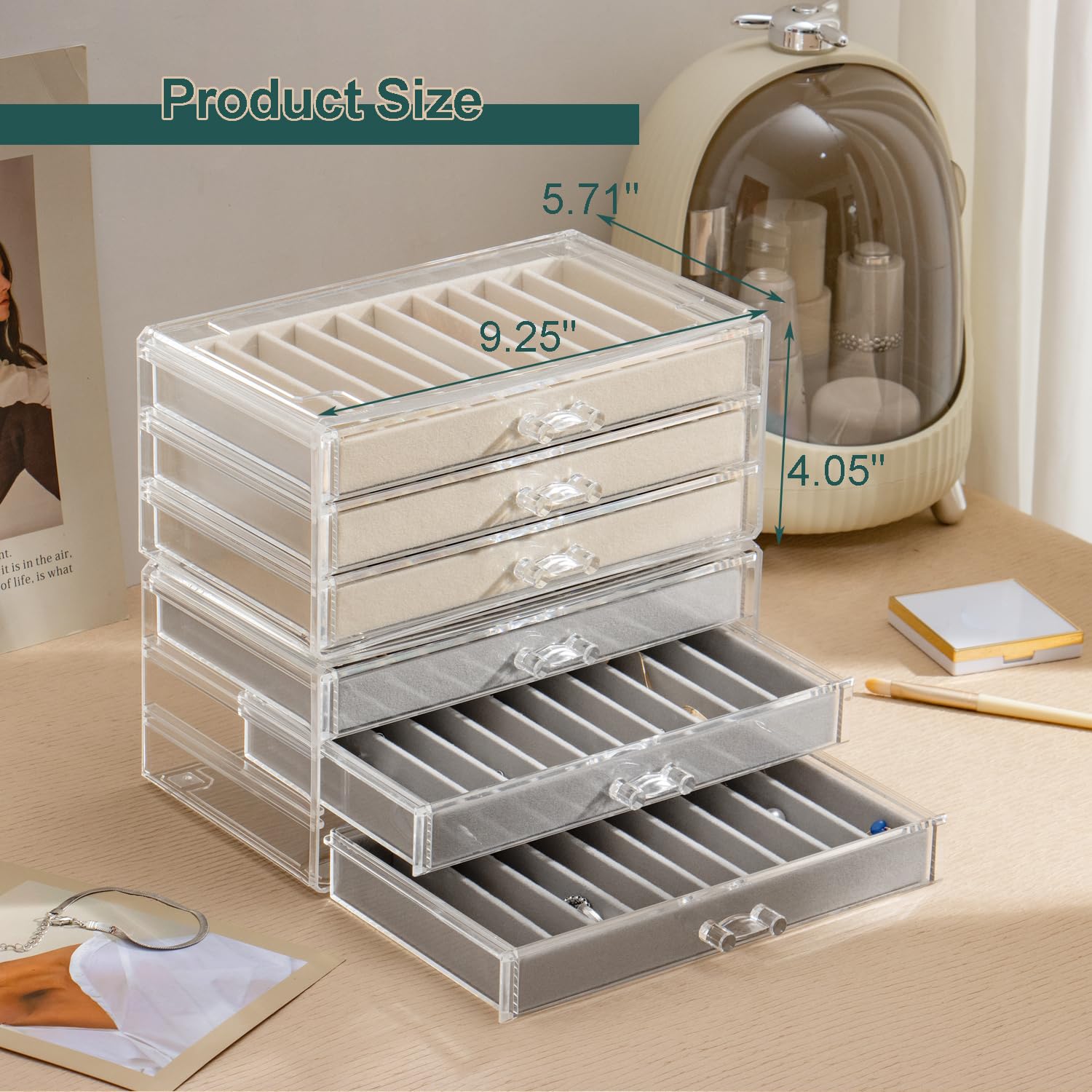 YUFONG Armband-Organizer-Box, staubdicht, Armbandhalter, Organizer, transparent, stapelbar, Schmuckbox aus Samt, Schmuck-Displays für Ketten, Armbänder, Anhänger (Grau, 3 Schubladen)