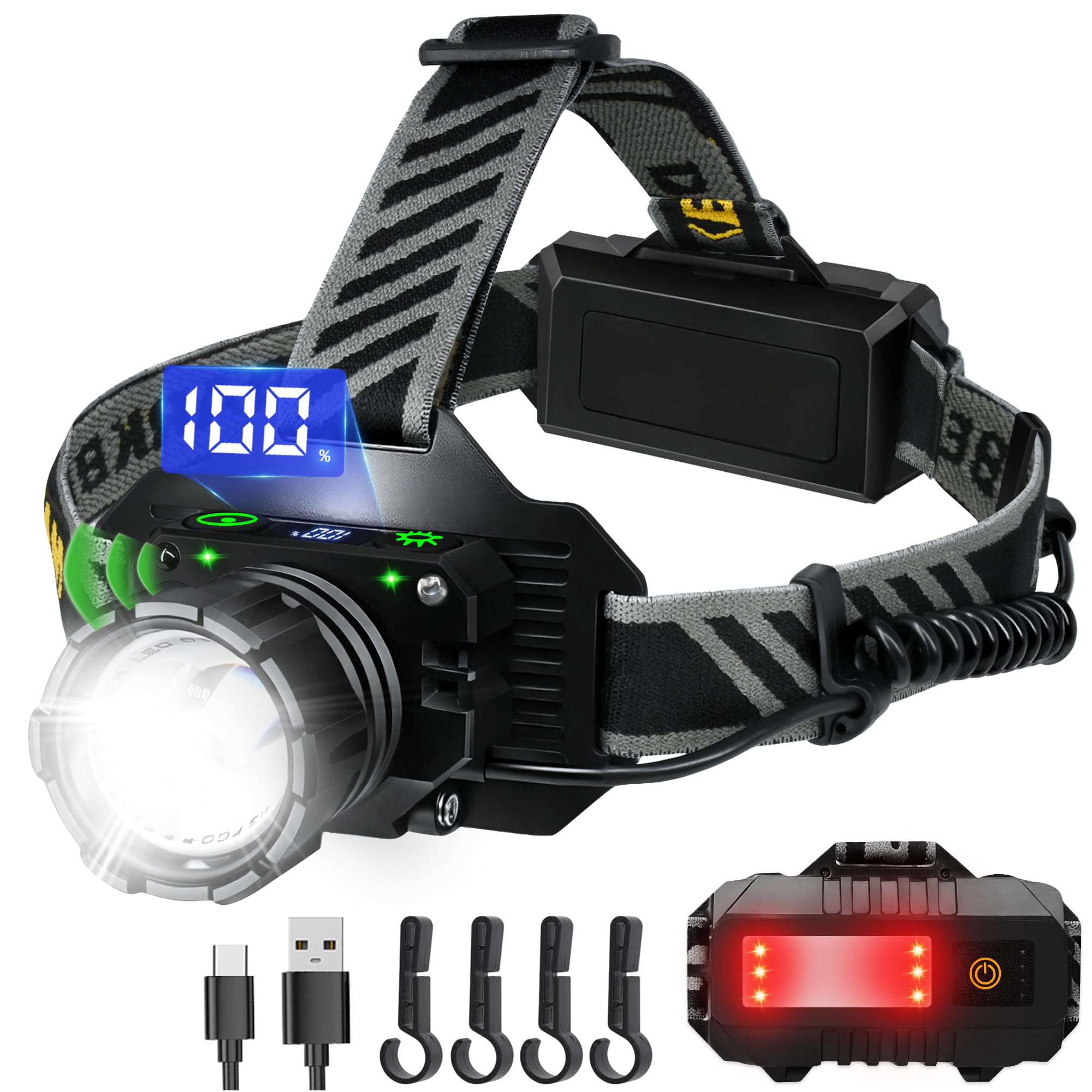 DARKBEAM Linterna frontal LED recargable de alto lúmenes, faro delantero con sensor de movimiento, pantalla digital, luz roja de advertencia para casco, impermeable, con zoom, ángulo de 90°, para