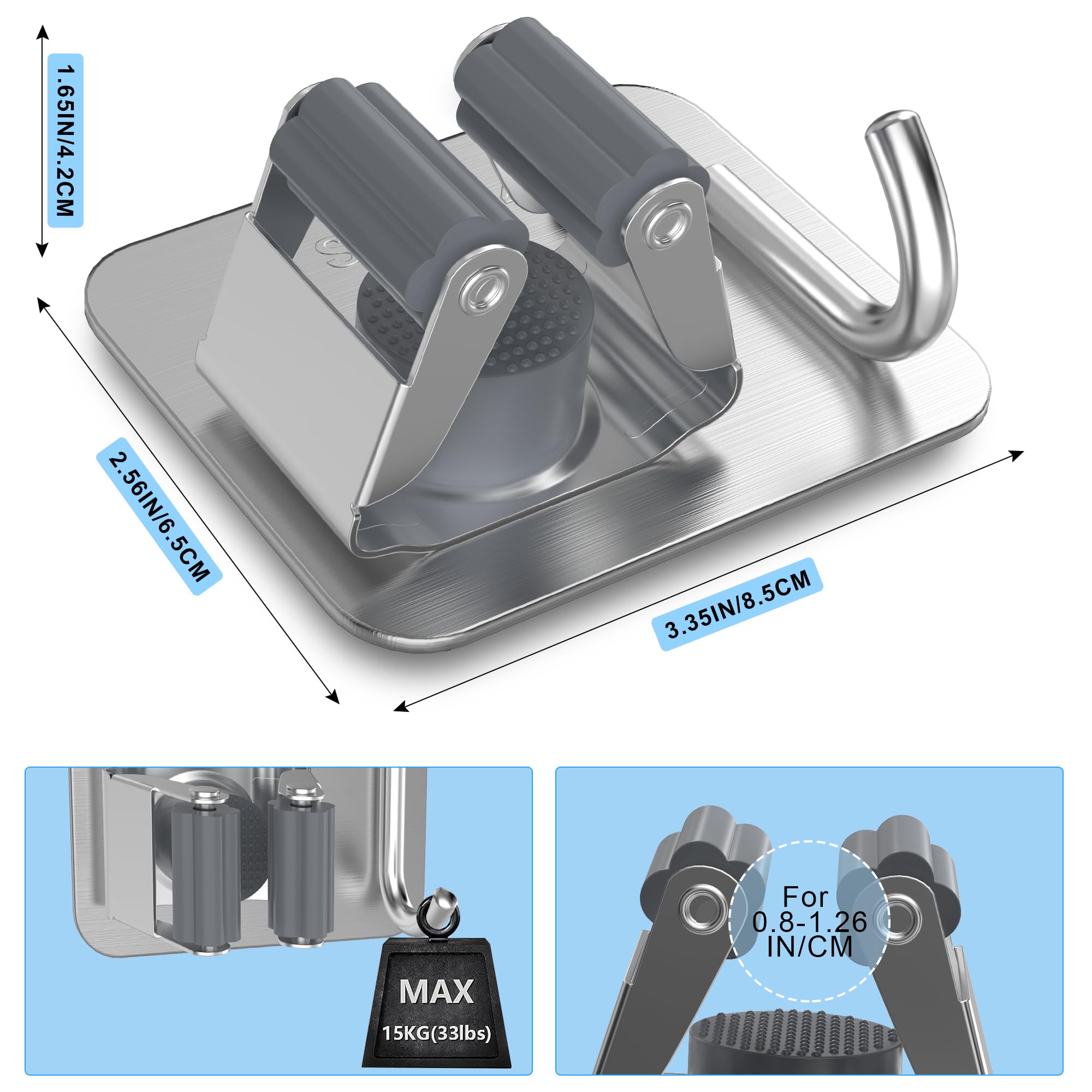 Paquete de 4 agarradores de trapeador y escoba de acero inoxidable con gancho, taladro de tornillo o autoadhesivo, soporte para fregona y escoba, soporte de pared, estante de almacenamiento 5