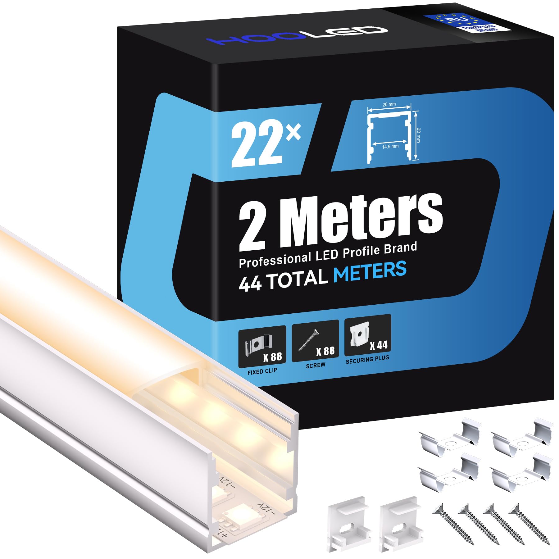 22 profili in alluminio per nastro LED 2 metri La guida del diffusore di luce, profilo LED incassato, dimensioni 20 x 20 mm, larghezza massima banda 15 mm, con coperchio in PC bianco