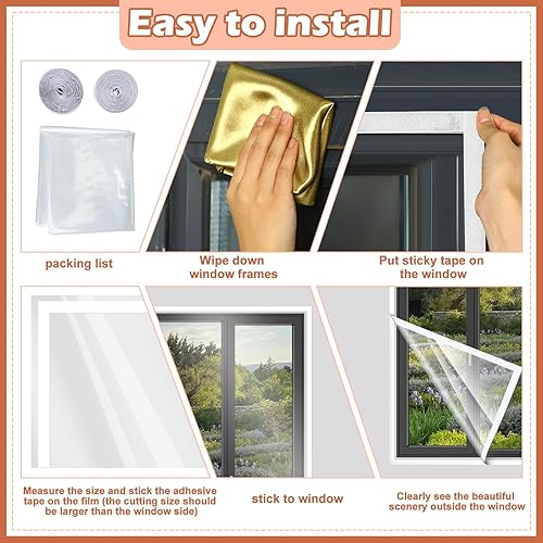 Miniatura 3 de Beeveer Kit de aislamiento de ventana, película transparente cortable con correas adhesivas, plástico reutilizable para ventanas para invierno,