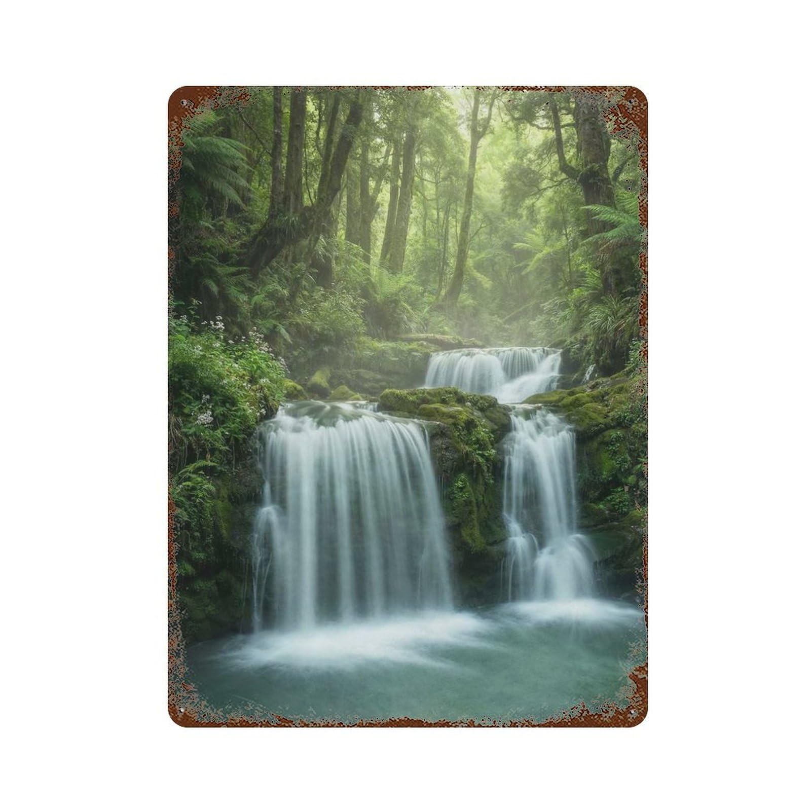 Decorative Tin Sign with Lush Forest Waterfall Design 15.7"x11.8", for Basement, Hobby Room And Garage Decor, Farmhouse Wall Decor