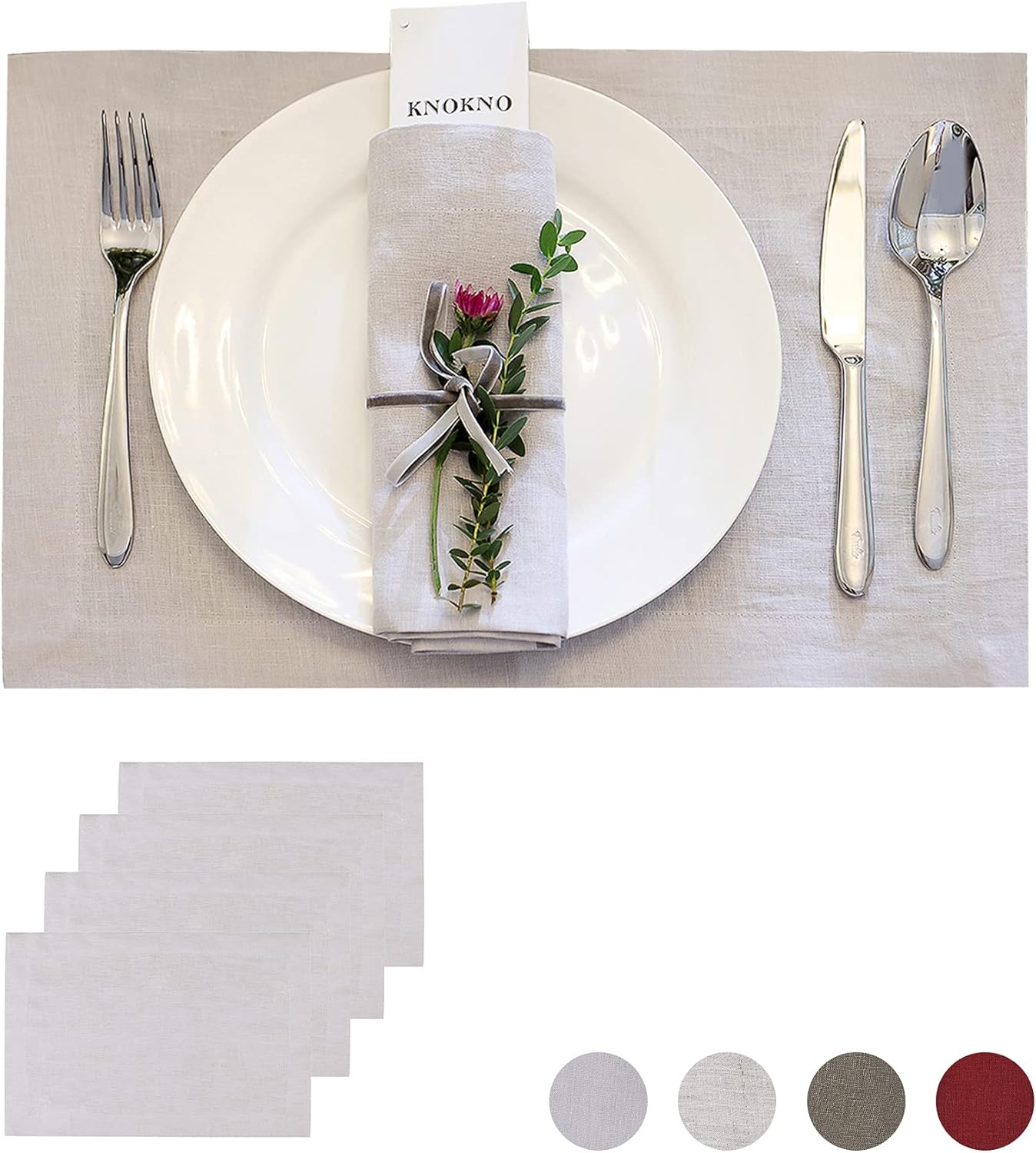 KNOKNO Home Pure Hemp Placemats 18 x 12 Inch Set of 4 Handcrafted with Mitered Corners Natural Fabric,Machine Washable Table Mats for Dining Tables (Silver Gray, Placemats | Set of 4)