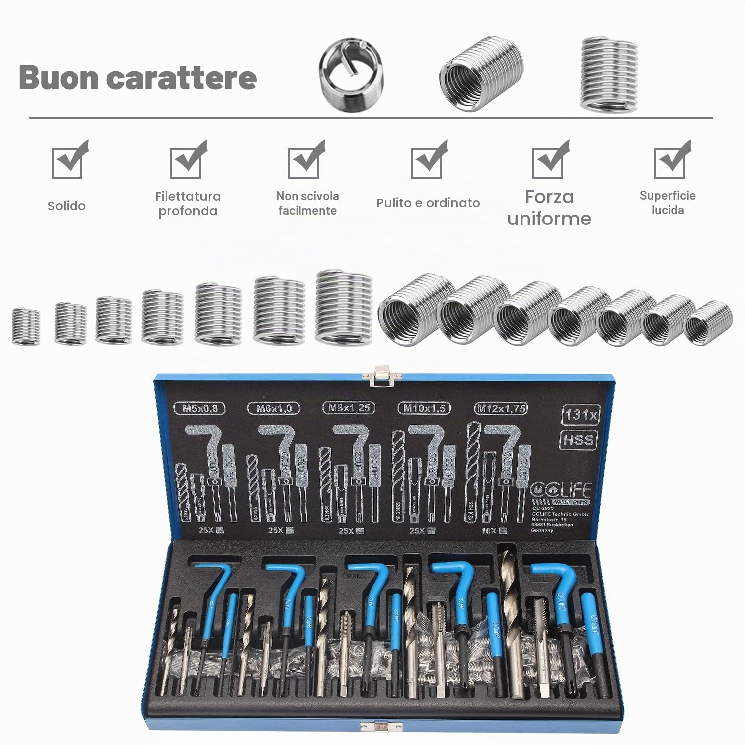 CCLIFE Kit di Riparazione della Filettatura, helicoil Set Filettatura Interna Manicotto Inserti 131 Pezzi M5 M6 M8 M10 M12