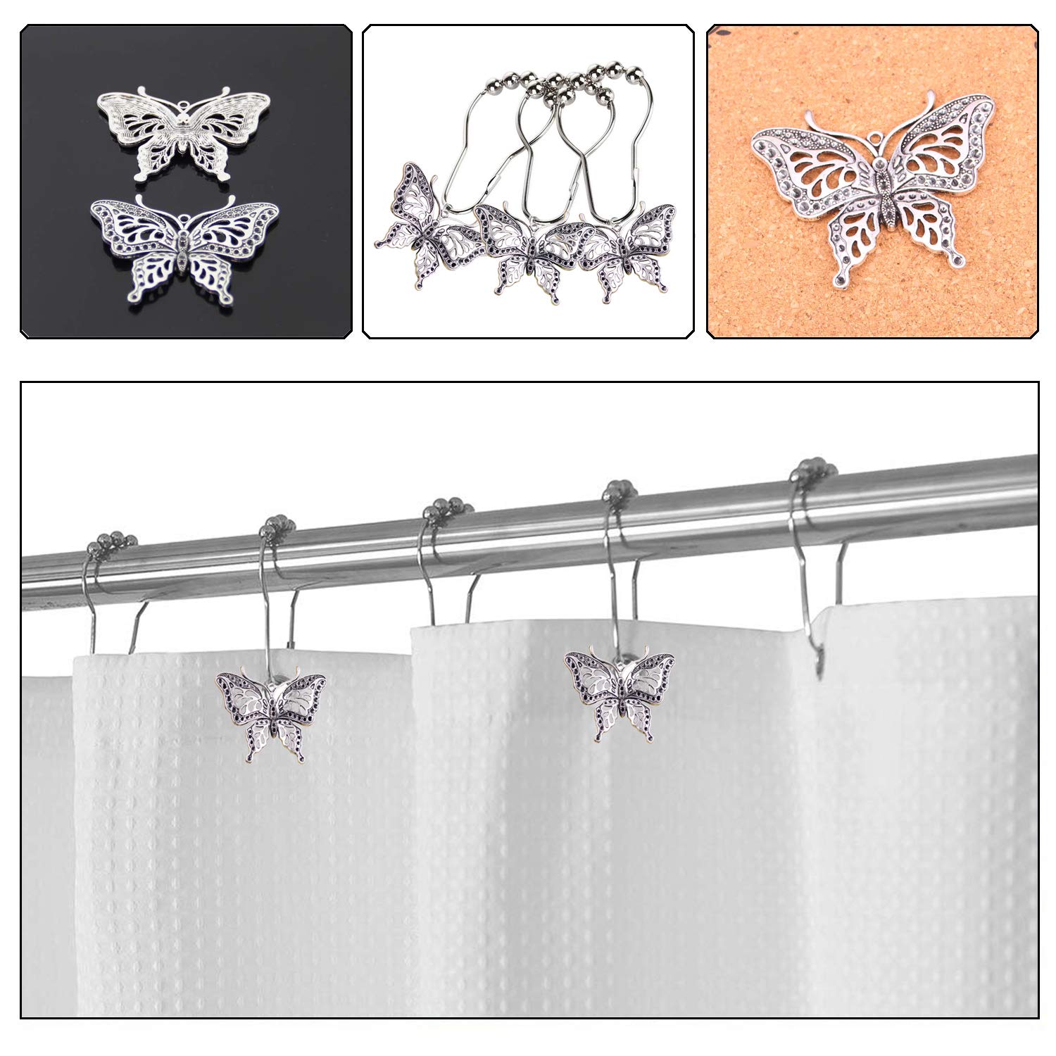 JZKaspar Butterfly Shower Curtain Hooks - 12PCS Silver Rustproof Decorative Rings For Bathroom