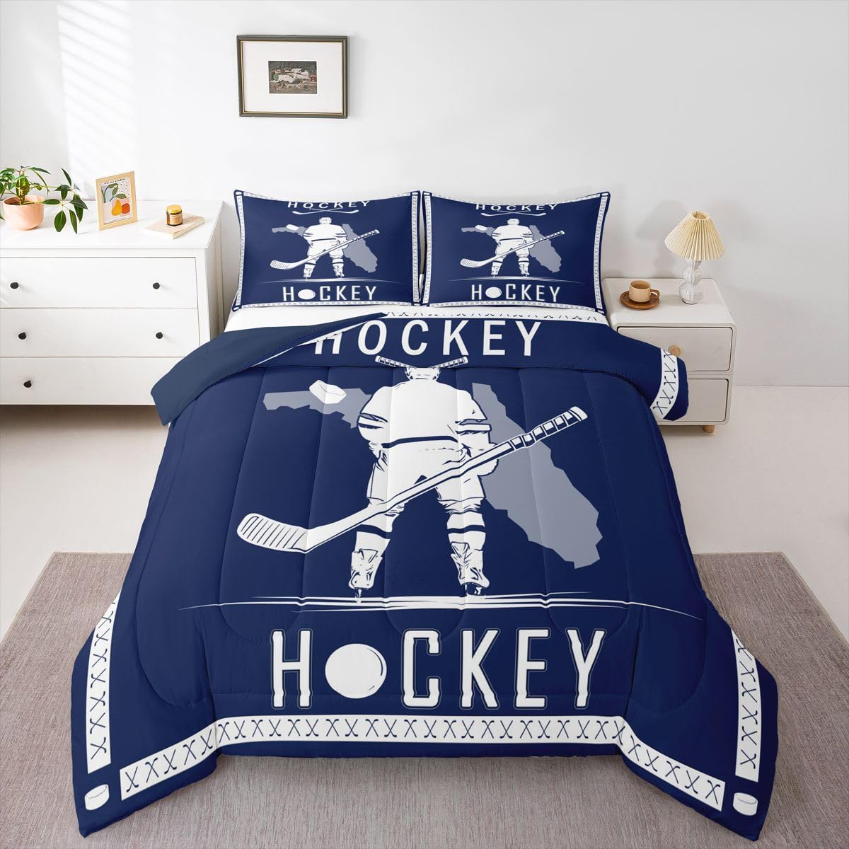 Feelyou Ice Hockey Comforter Set Ice Hockey City Bedding Set Queen Size Gifts for Men Women Boy Lacrosse Duvet Quilt Winter Sports Duvet Modern Fashion Bedroom Decor