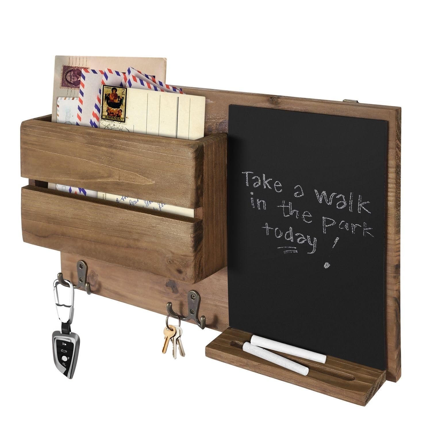 Flexzion Rustic Wood Entryway Mail Sorter Holder, Wall Mount Mudroom Storage Organizer with Blackboard Chalkboard Memo Board Message Sign & Key Hook