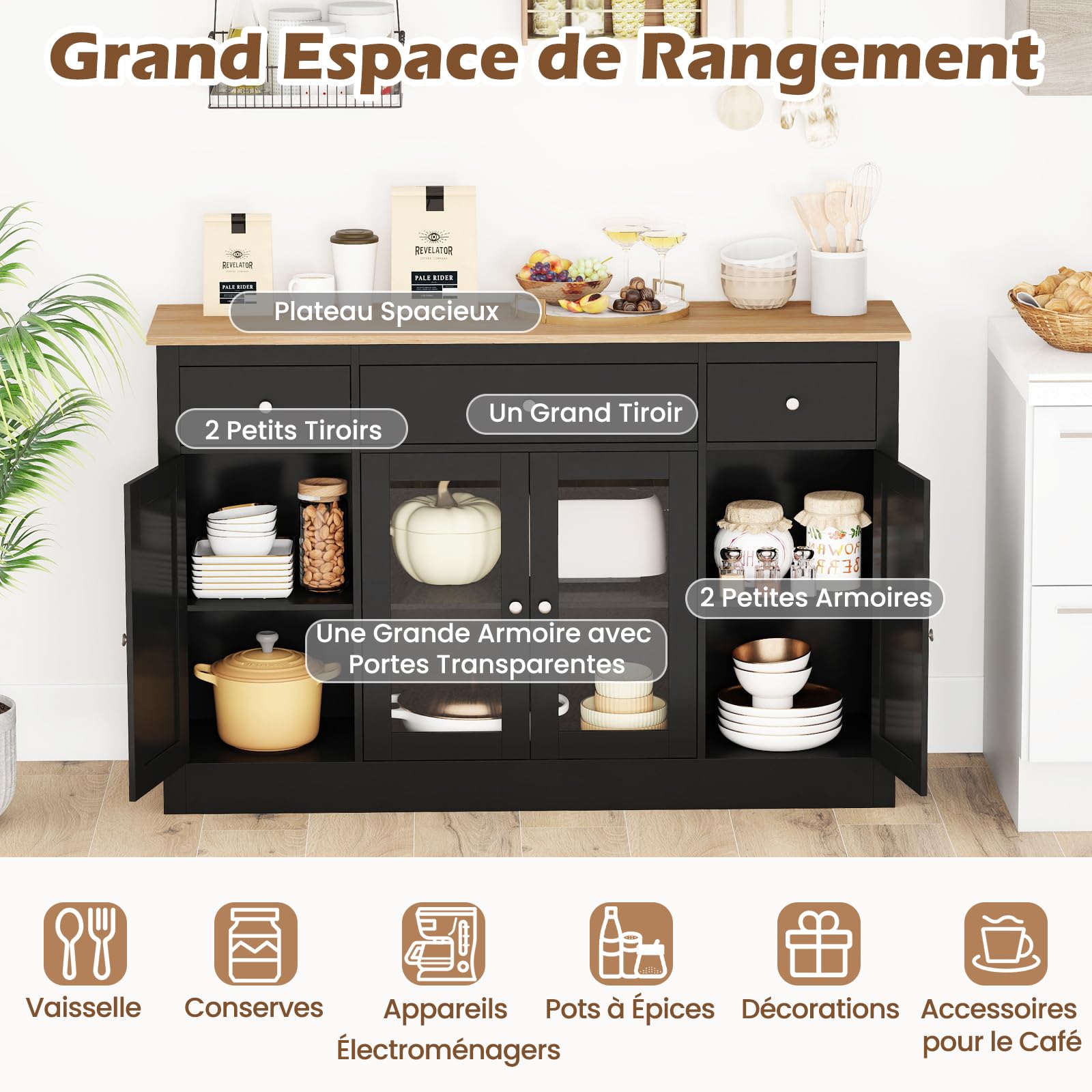 COSTWAY Buffet, Meuble de Cuisine avec 3 Tiroirs, 2 Portes Vitrées, Étagères Réglables, Style Compagne, Kits Anti-basculement, 140 x 40 x 90 cm, Meuble de Rangement pour Salle à Manger, Salon (Noir)