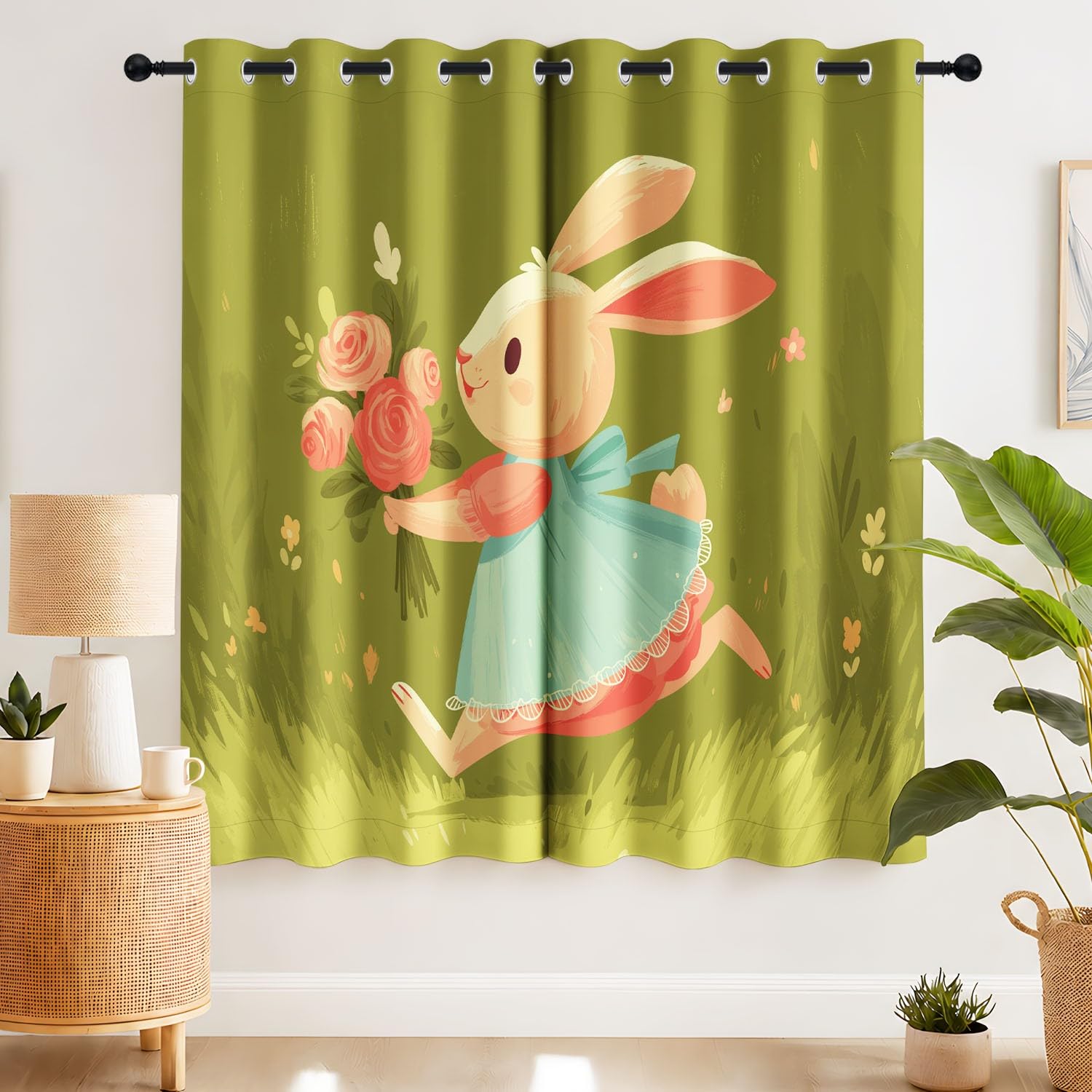 Rideaux occultants lapin et fleurs sauvages conte rêveur pour chambre d'enfant de 75x166 cm