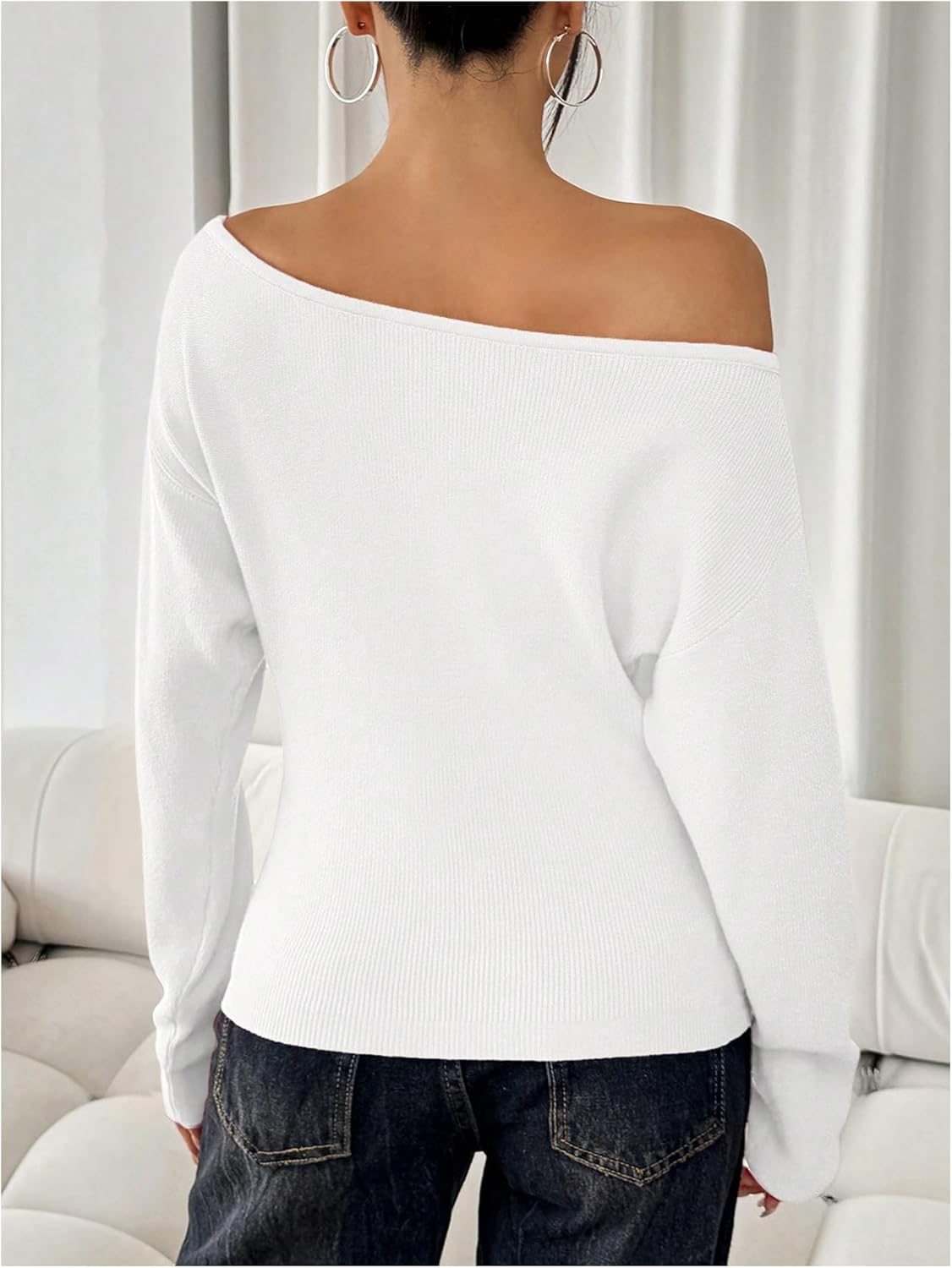 Women's Off The Shoulder Sweater Tops Long Sleeve Ribbed Knit Sweater Pullovers Knitwear Trendy - Image 2