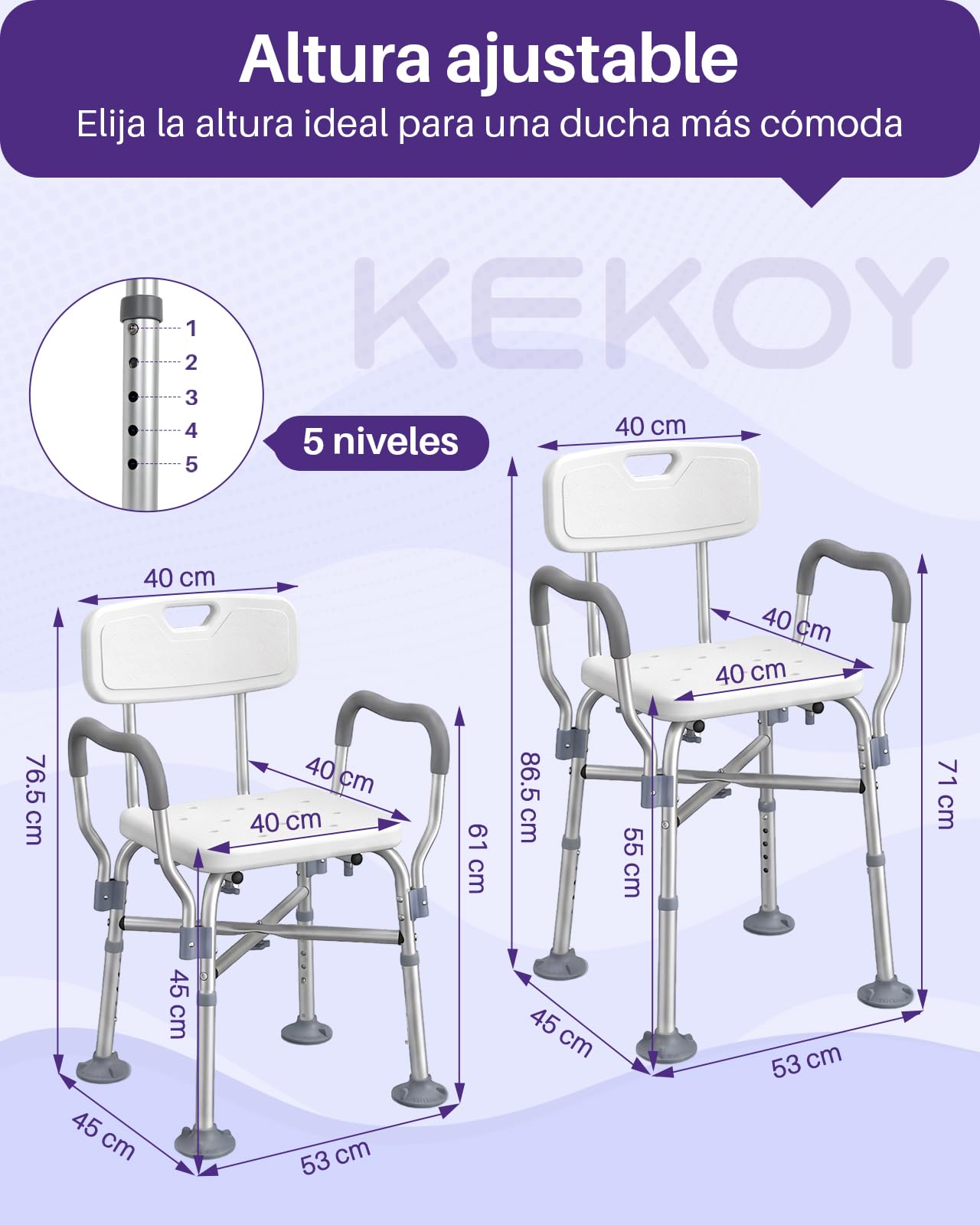 KEKOY Silla Ducha Personas Mayores Reforzada con Reposabrazos y Respaldo | Taburete Ducha Regulable en Altura con Pies Ventosa Antideslizantes Ensanchados para Adultos y Discapacitados, blanco