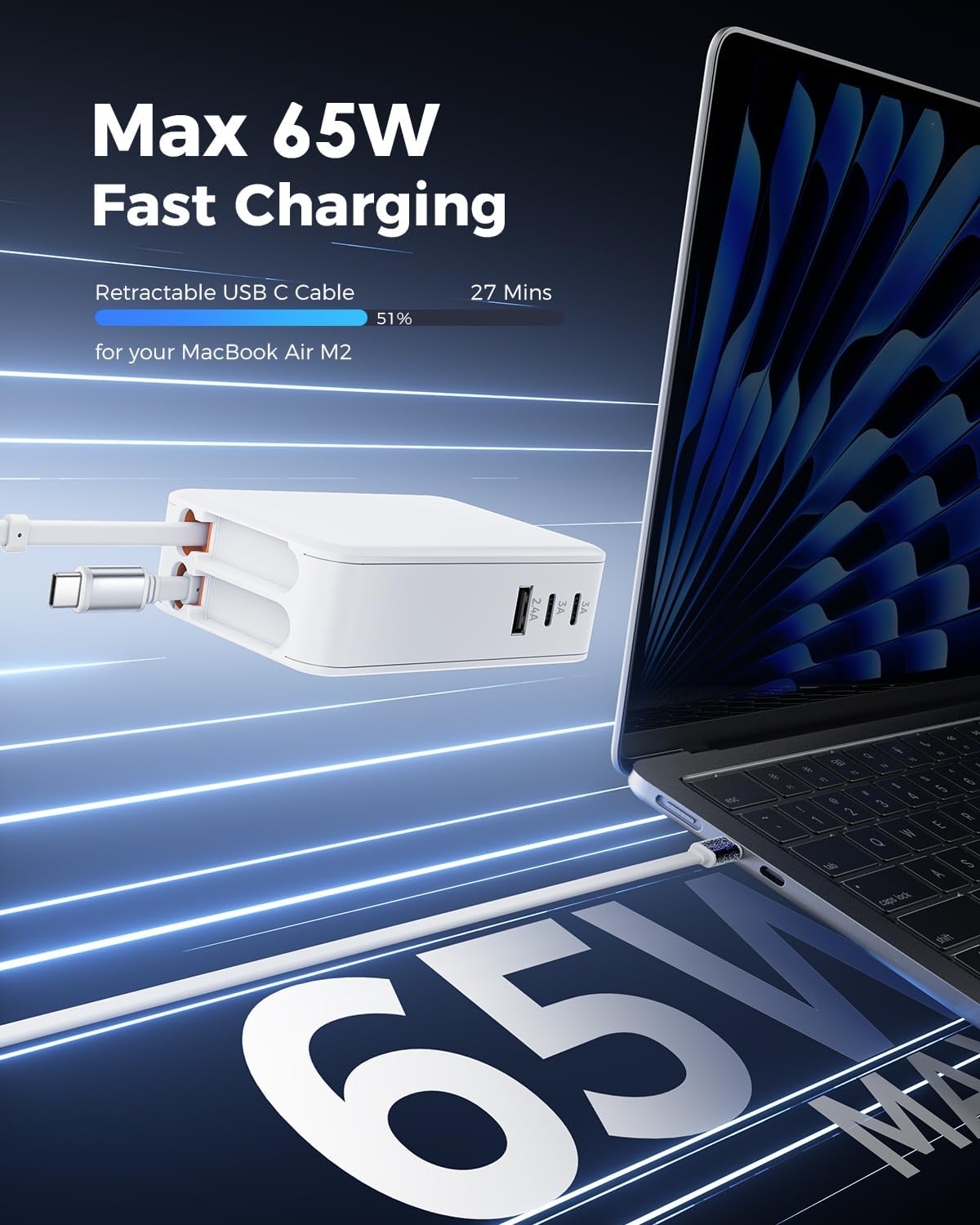 SUPERONE 119W Retractable Wall Charger with Dual Cables, 5-Port USB C Charger Block, Compact Foldable Power Adapter, 65W Fast Charging for MacBook Pro/Air, Dell XPS, ThinkPad, ZenBook, iPhone, iPad - Image 4