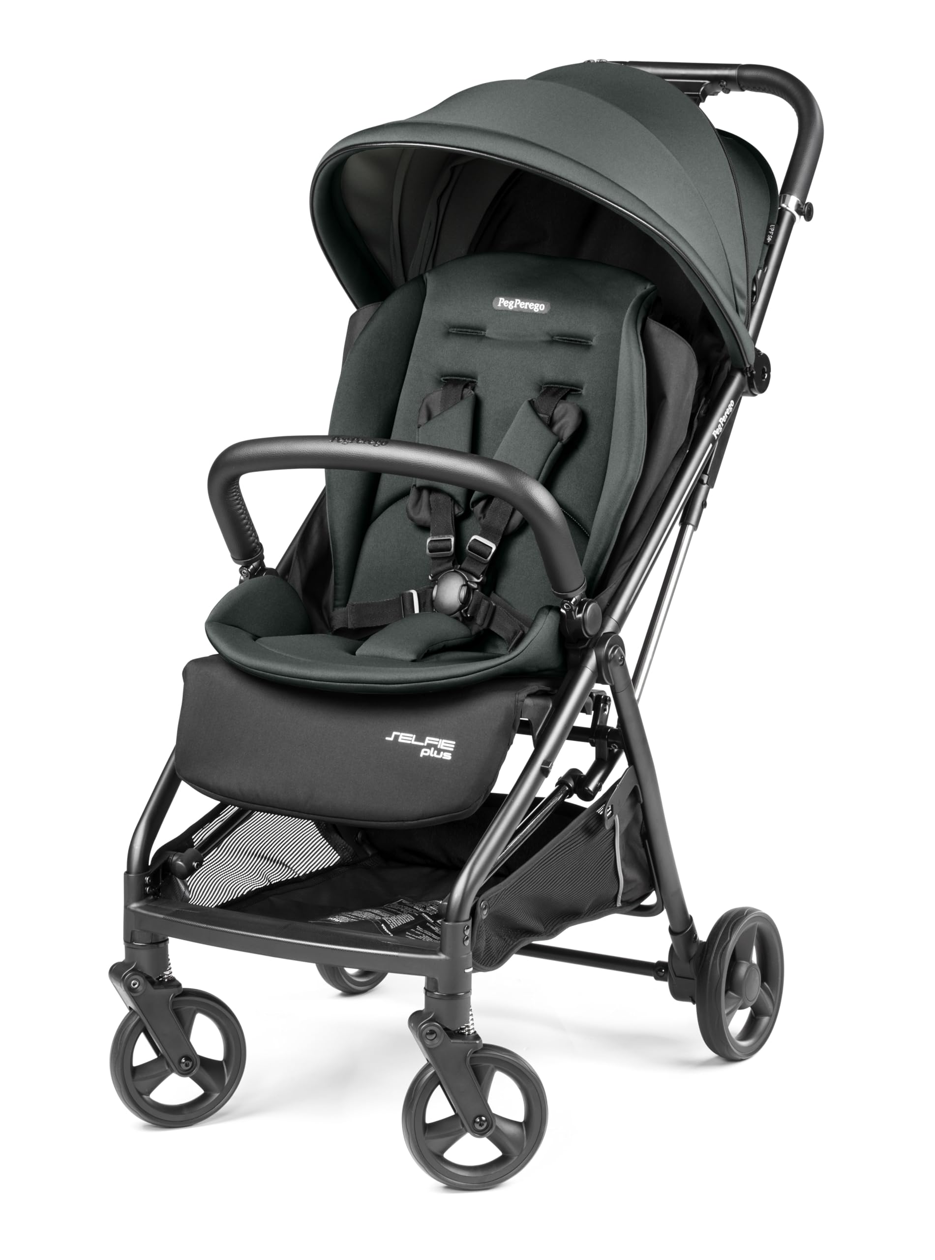 PEG Selfie Plus Passeggino Leggero Compatto, Chiusura Automatica, Dalla Nascita Fino A 22 Kg, Doppio Rivestimento, Capottina UPF 50+, Cestello Portaoggetti, Metal