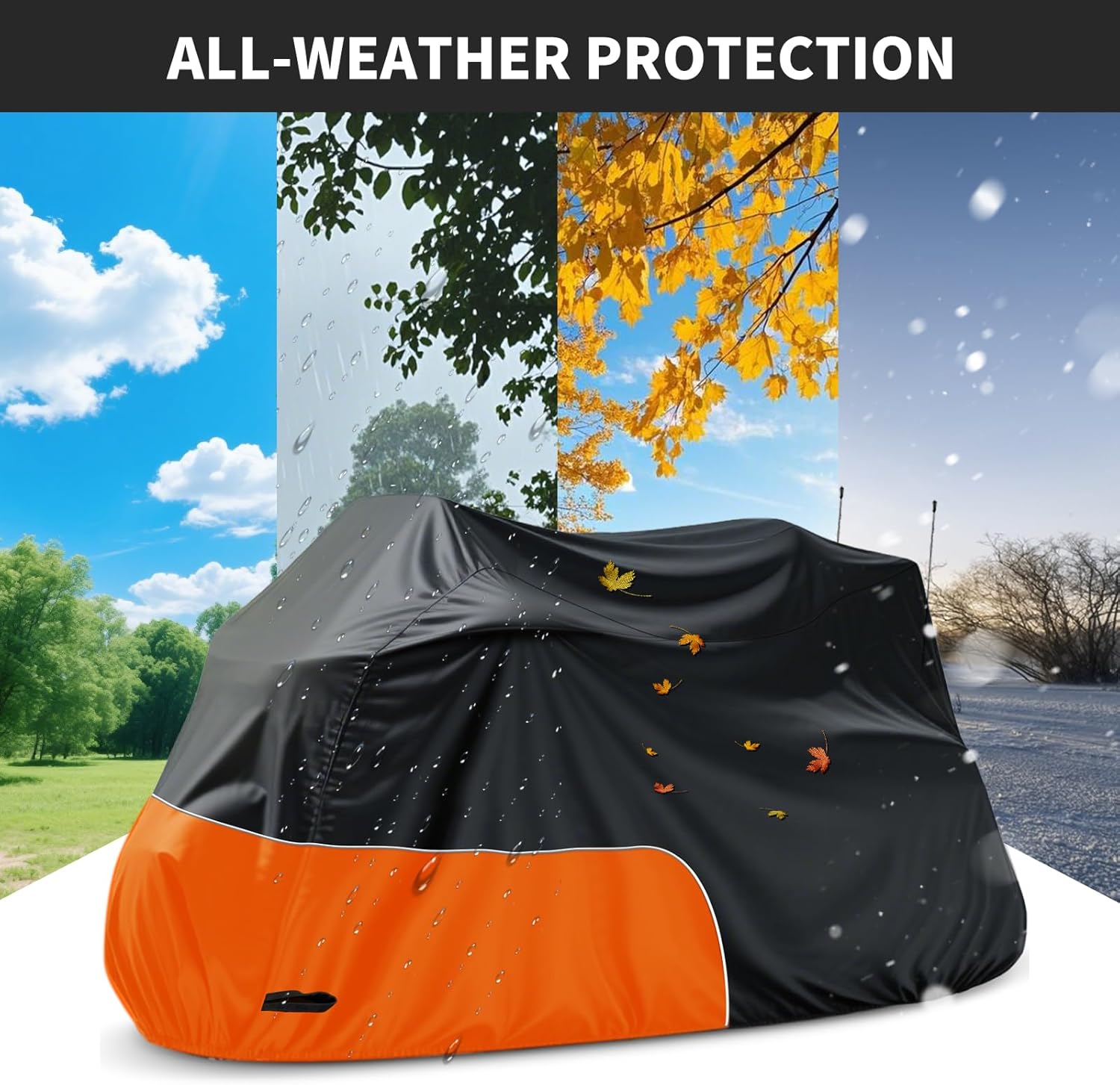 Motorcycle Cover Heavy Duty Waterproof, for Motorcycle with Side+Top Box, Compatible with Harley Davidson Ultra Ltd, Road Glide Ltd, Honda Goldwing, BMW, Indian Motorcycle Accessories, Black/Orange