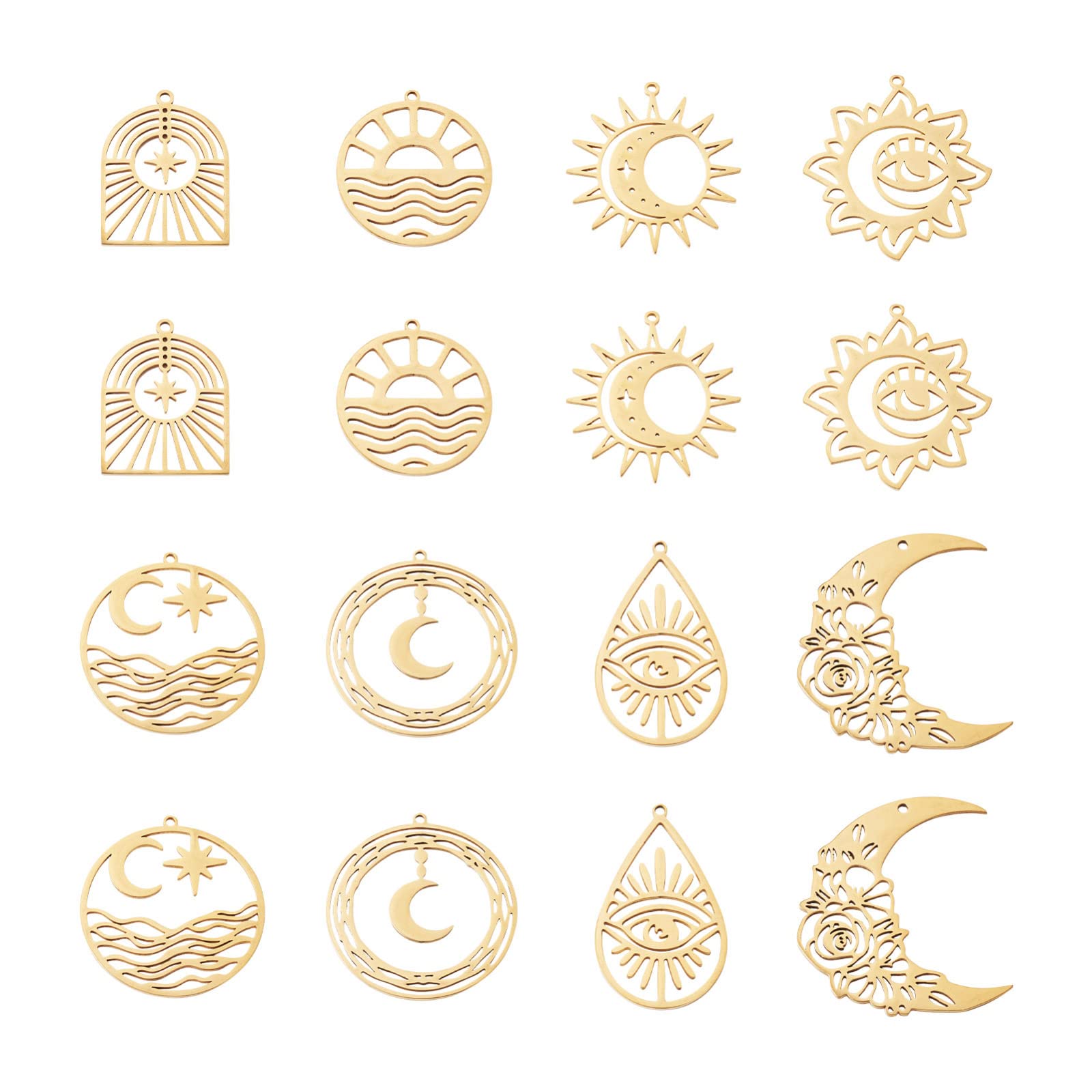 Spritewelry 16pcs 8 Style Sun Moon Stainless Steel Charms Egyptian Eye Pendants Hollow Metal Solar Eclipse Dangle Charm Hanging Ornament for DIY Necklaces Bracelets Jewelry Making