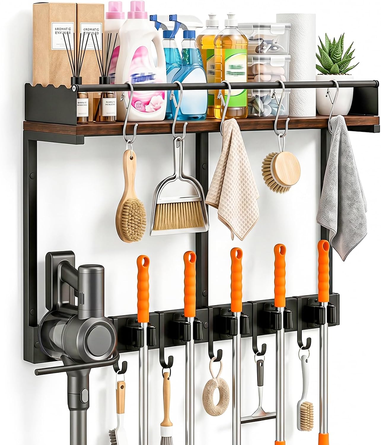 Broom Holder Wall Mount, Broom and Mop Organizer Wall Hanging with Vacuum Stand and & Hooks, Heavy Duty Laundry Organization & Storage, Utility Racks with Wood Shelf & Guard
