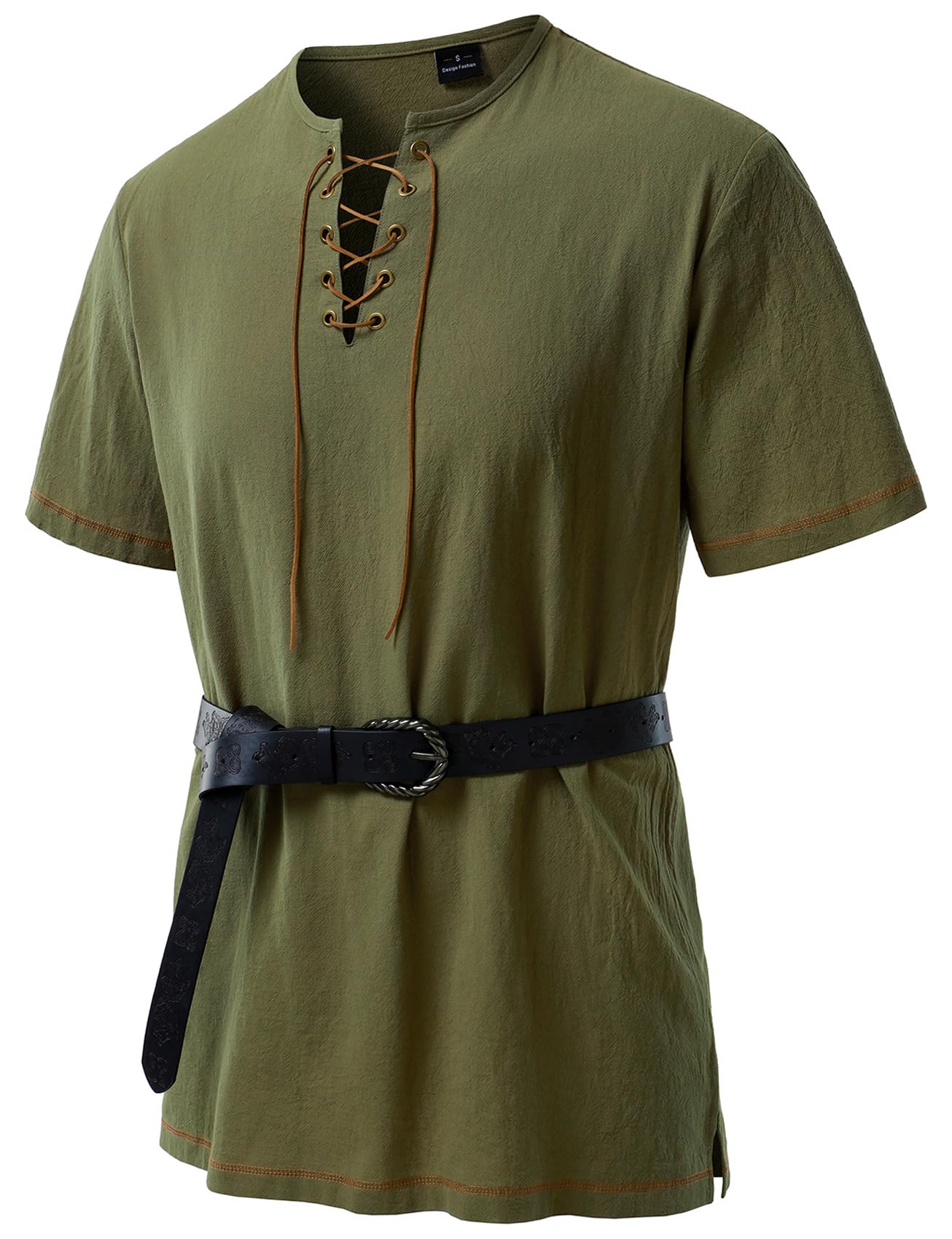 JEMITOP Mens Pure Cotton Retro Short Sleeves Lace Up Shirts for Casual Renaissance Pirate Medieval Viking Without Belt