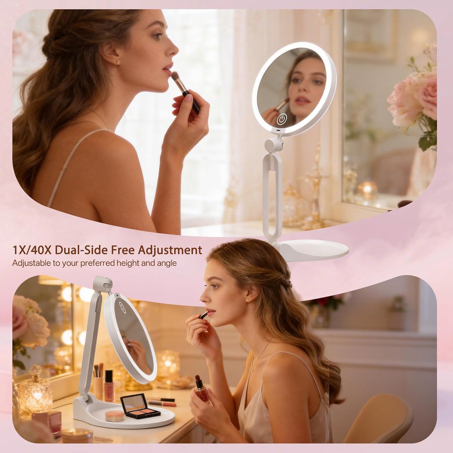 40X/1X Travel Makeup Mirror with Lights, Double-Sided Magnifying Mirror with 3 Colors Dimming Lighting, Foldable Lighted travel mirror for Desk & Travel, 360°Angle Adjustable, 2000mAh (40x-white)