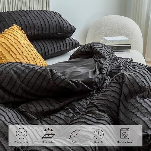 Miniatura 2 de JELLYMONI Juego de funda de edredón de microfibra copetuda de 3 piezas, color negro y azul, funda de edredón con textura copetuda a rayas bohemias