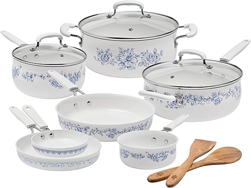 Pioneeer Woman - Juego de utensilios de cocina de cerámica de aluminio de 12 piezas, ollas y sartenes antiadherentes para cocinar sin esfuerzo