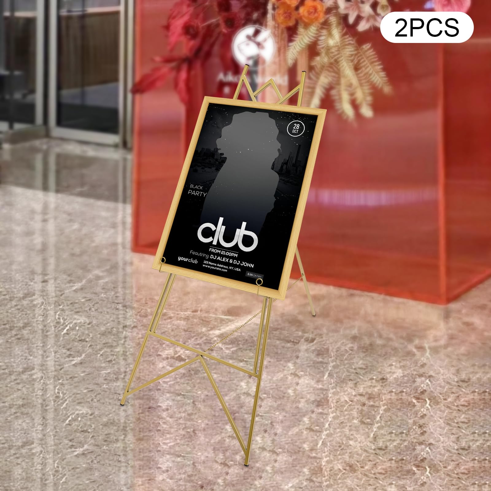 LUNUMAOS Display Easels, 50 in Height Tripod Large Gold Decorative Wedding Easel Folding Portable Artist Telescoping Adjustable Art Poster Metal Canvas Easel for Displaying Exhibits