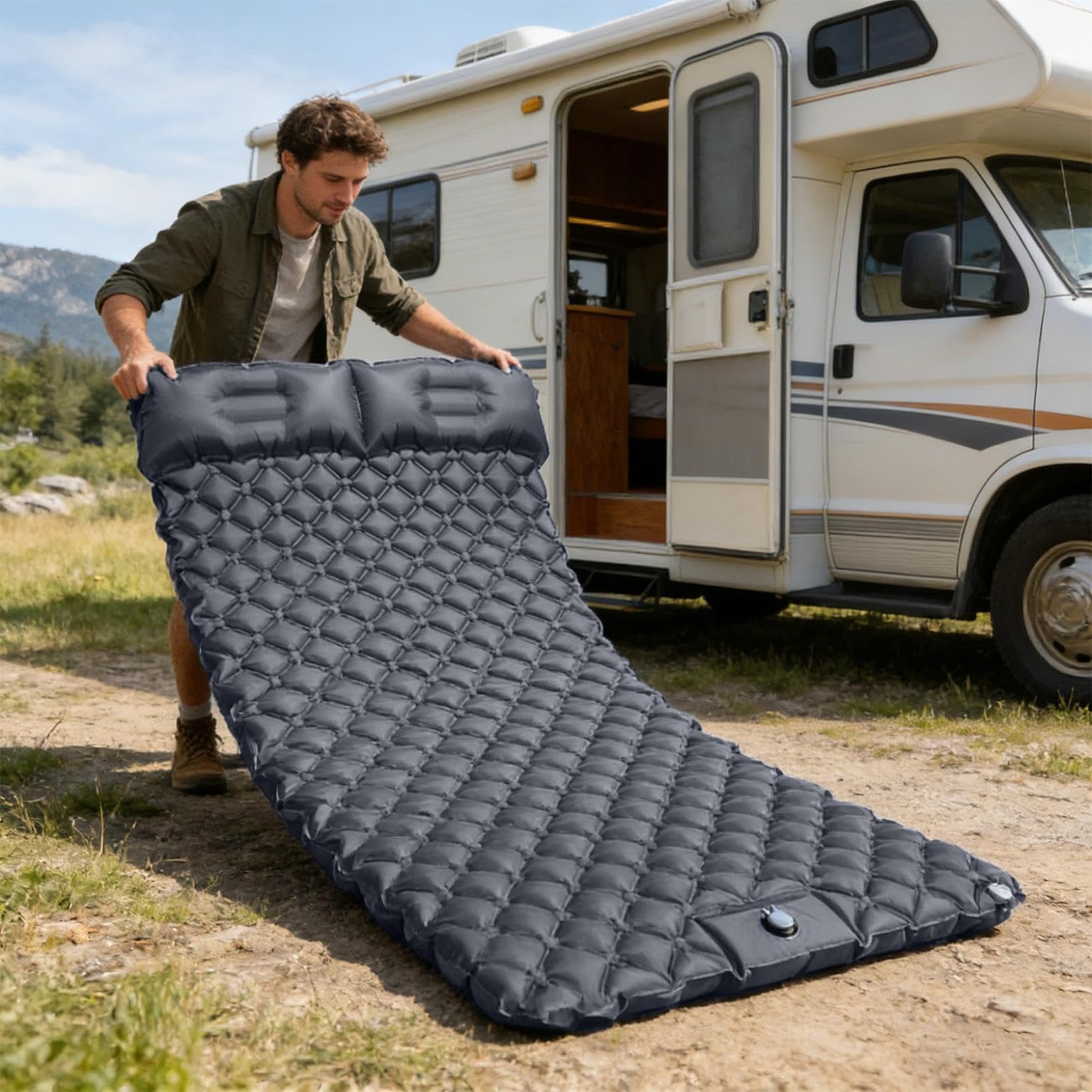 Générique Matelas Camping 2 Personnes - 180x120x14cm - Pliable Ultra Léger Tapis De Sol Camping Élargi et Épaissi - Pneumatique avec Pompe à Air à Pédale - Idéal pour pour Tente Trekking Plage (Gris)