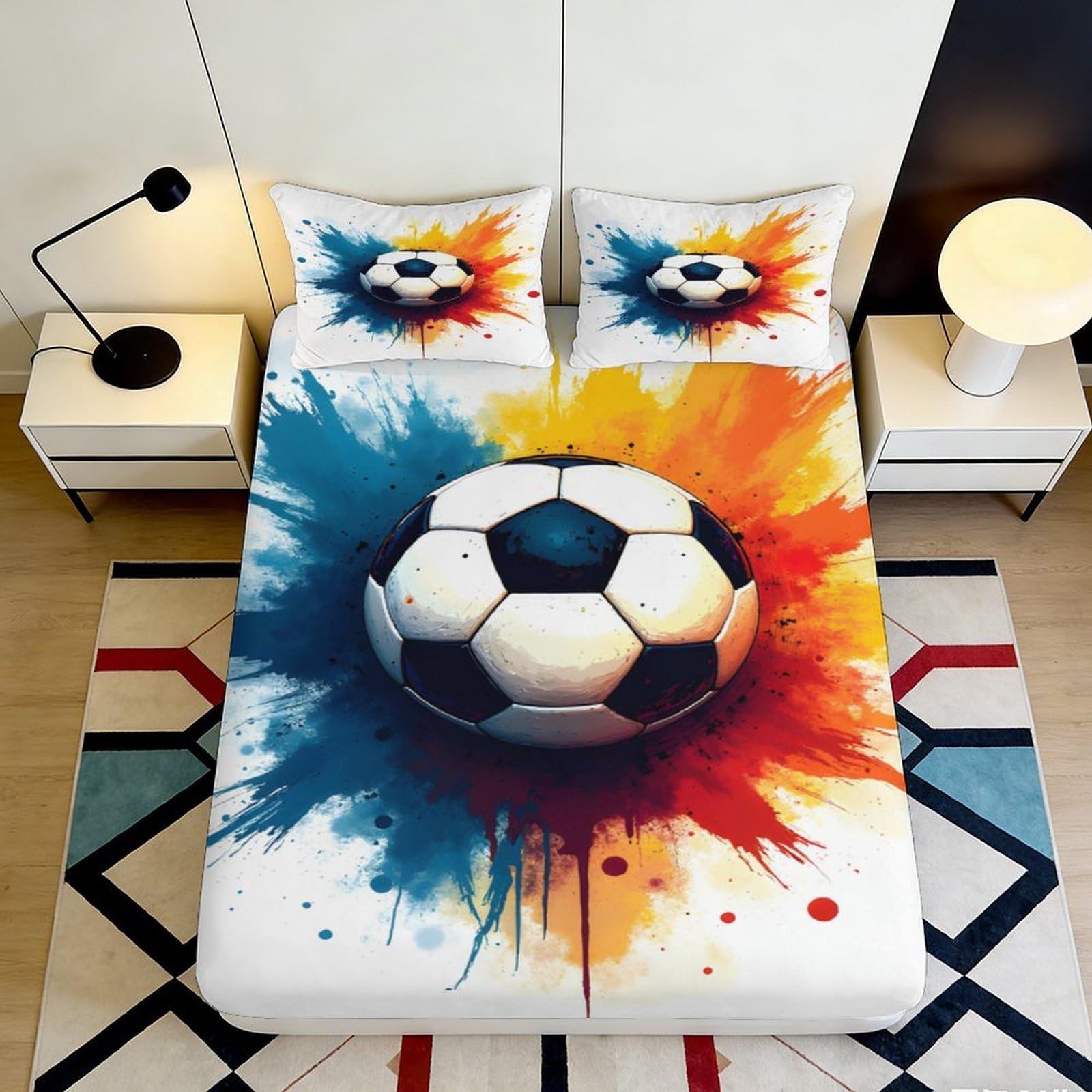 3D Printed Splash Soccer Fitted Sheet Microfiber Orange Blue Art Mattress Cover for Bedroom Guest Room Dorm Decor 90x200x25cm