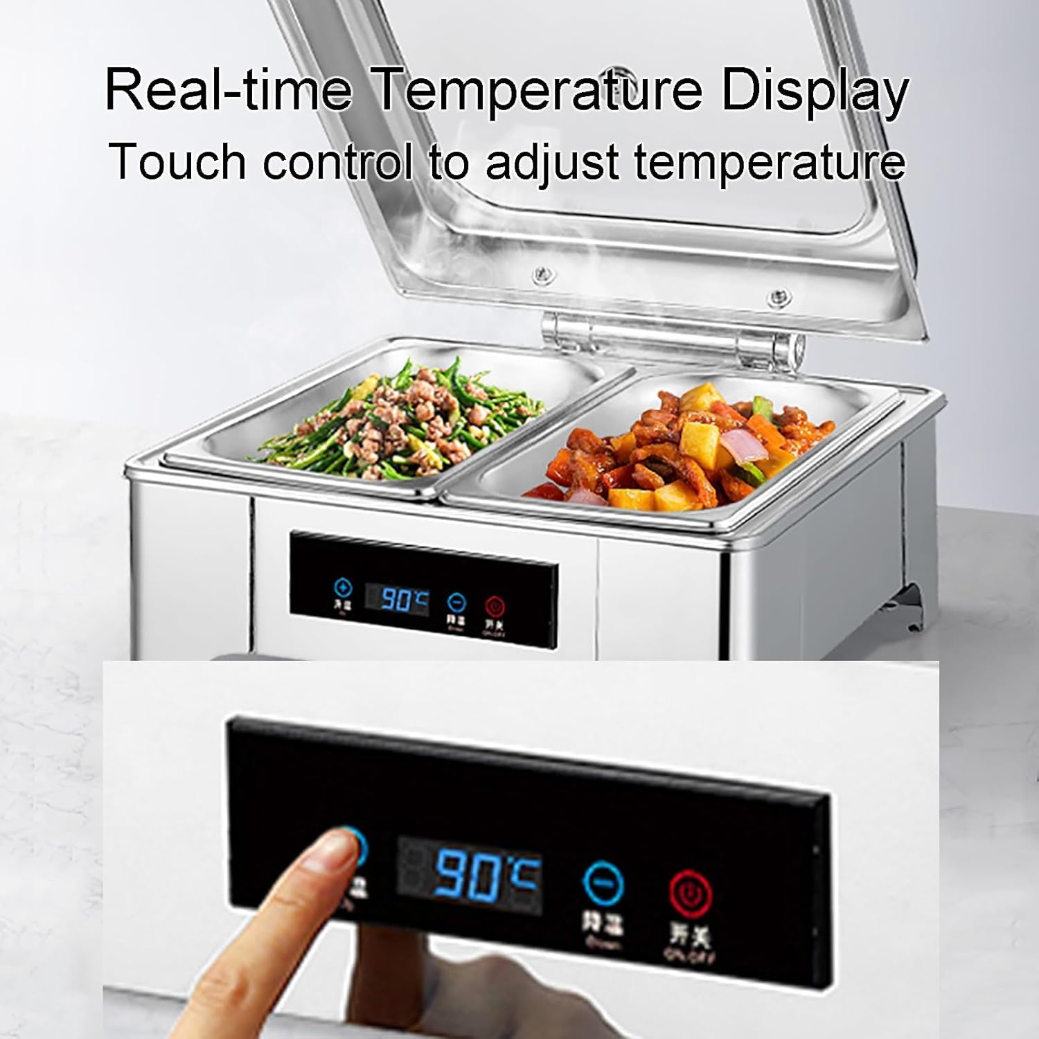 2PC 9L Chafing Dish Elettrico Acciaio Inox, Scaldavivande Elettrico Professionale con Regolazione Intelligente della Temperatura, per Buffet, Feste e Banchetti (1/2PAN)