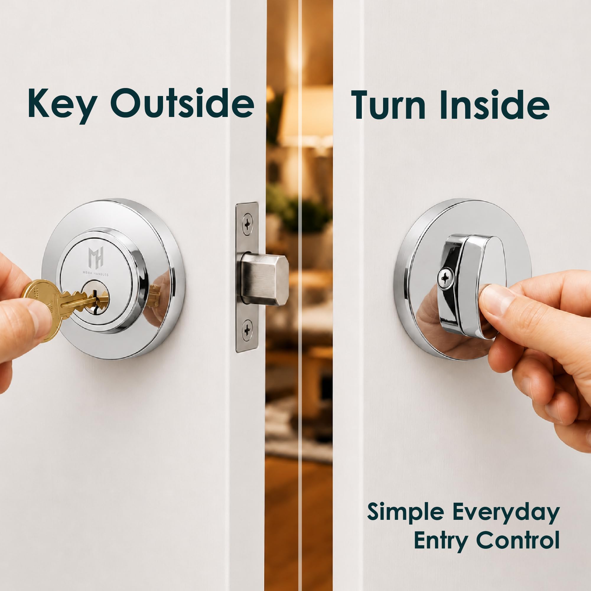 Mega Handles - Buena Deadbolt I - Cerrojo de seguridad de entrada - Cerrojo redondo resistente para puertas zurdas o diestras - Interior/Exterior - Cromo pulido