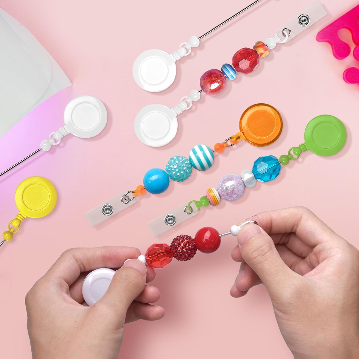 60 Pcs Beadable DIY Badge Holder Set Heavy Duty Retractable Keychain Badge Reel Clips ID Name Badge Clip with Belt Clip Blank Jewelry DIY Gift for Office Worker Doctor Nurse Employee Supplies