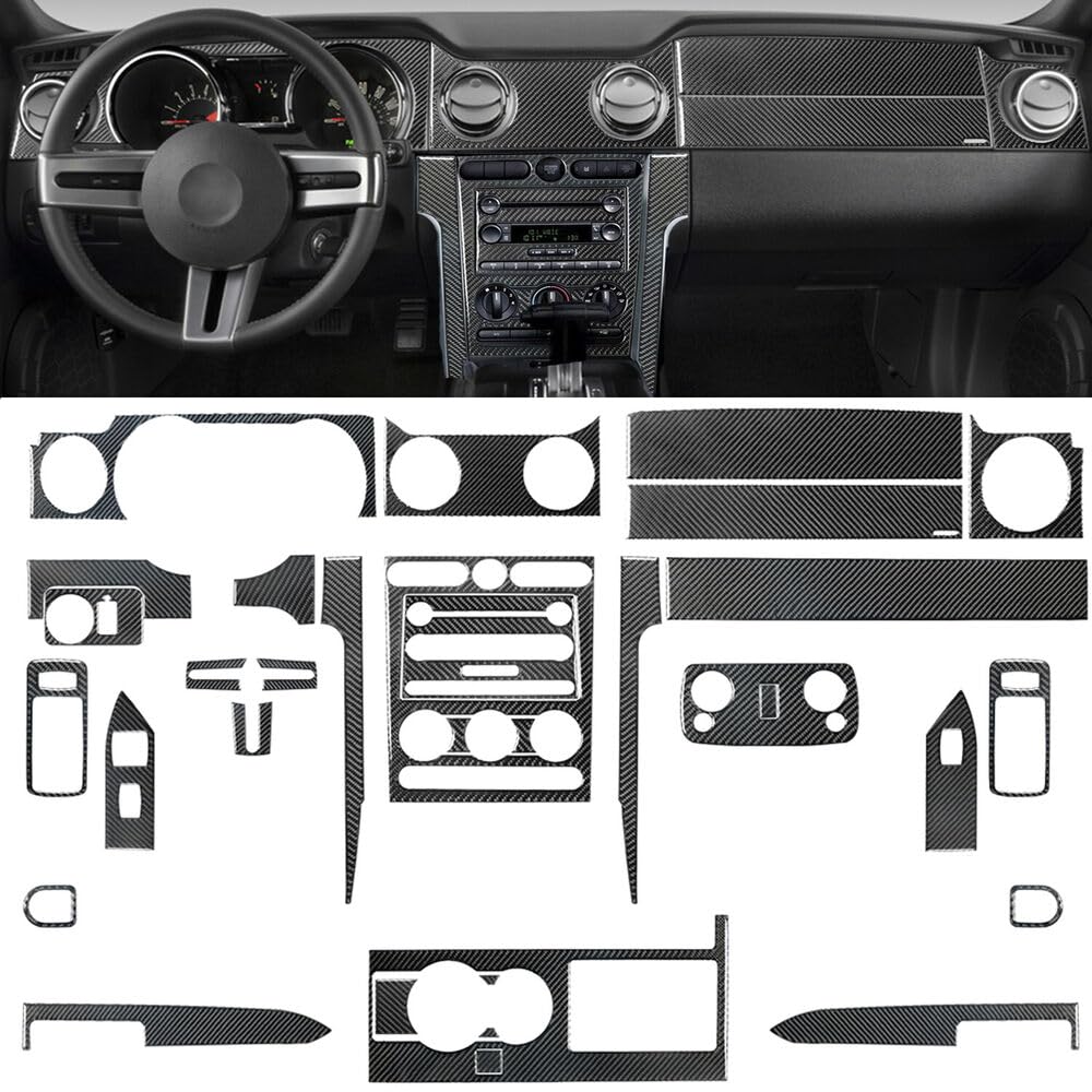 33PCS Real Carbon Fiber Full Kit Interior Sticker Trims Set Compatible with Ford Mustang 2005-2009