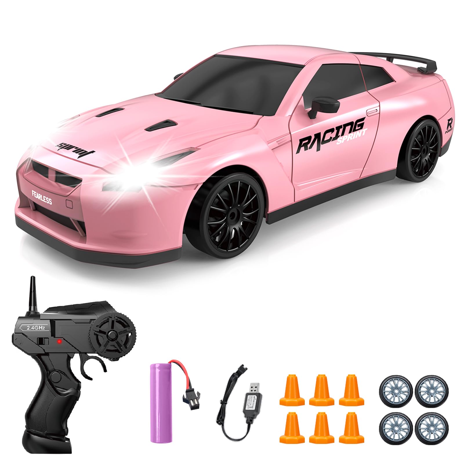 RC Drift Car, 1/24 Pink Remote Control Car for Girls, 2.4GHz 4WD High Speed Drifting RC Cars with LED Light and Drift Tires, Racing Toy Cars for Kids Adults Girl Boys, Pink