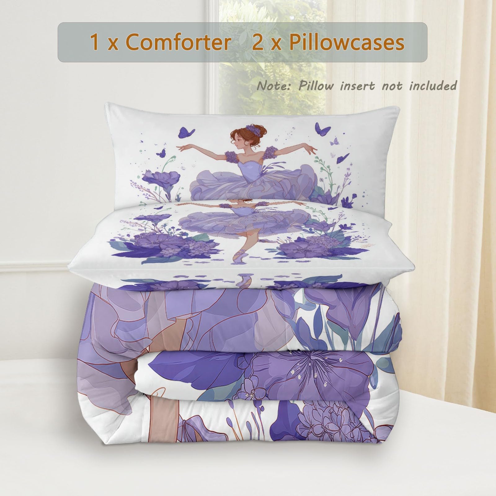 Edredón sin colchas 200 x 200 cm 4,5 tog verano lavanda soñadora silueta floral y bailarina silueta sin funda acolchada reversible colcha manta 2 fundas de almohada, colcha para niños/niños lavanda