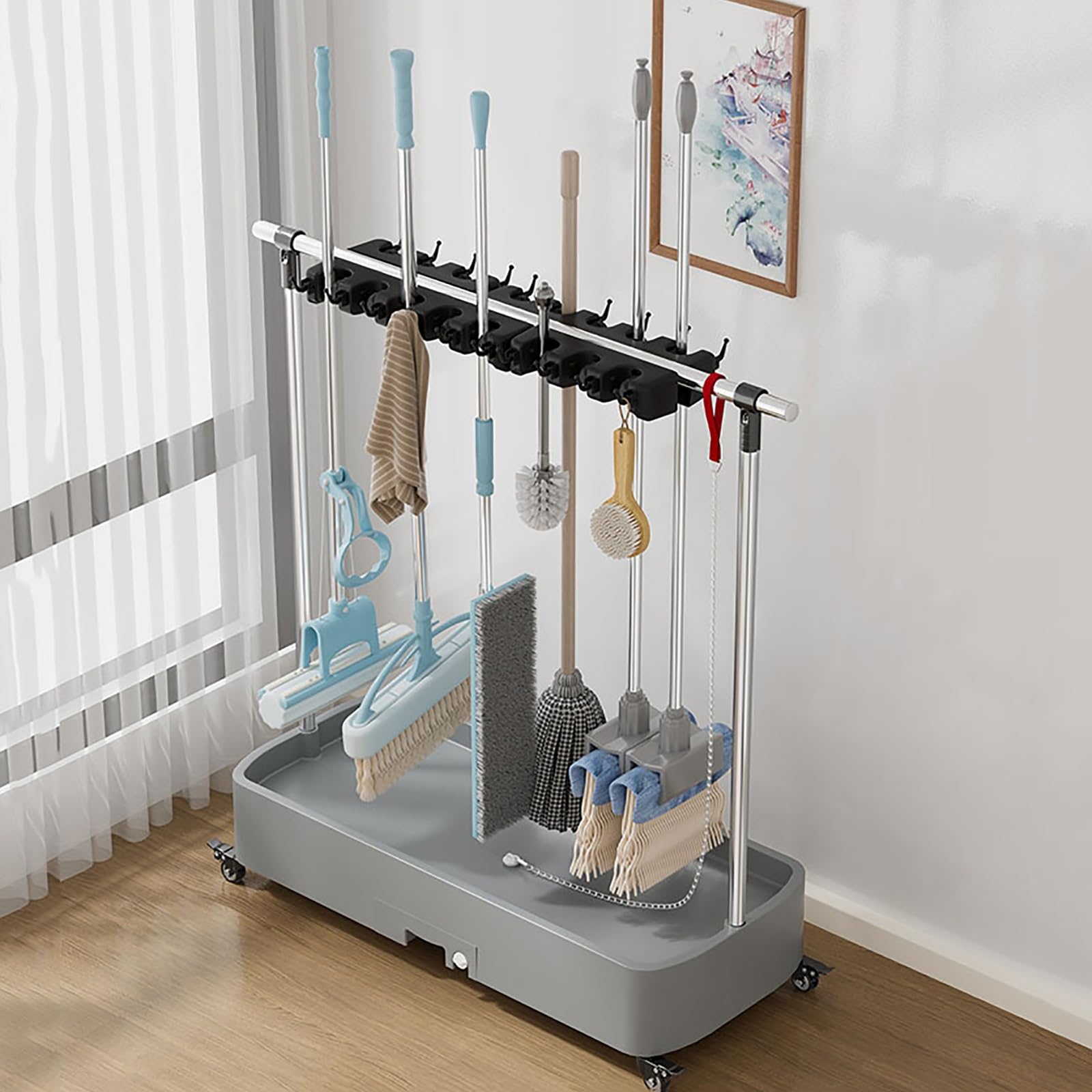 ASerZenith Broom And Mop Holder,Cleaning Trolley,A Storage Rack For Brooms,Mops,And Dustpans With Wheels,Cleaning Tool Storage Rack,Garden Tool Organizer,For Garage,Kitchen,Factory,Utili(70Cm)